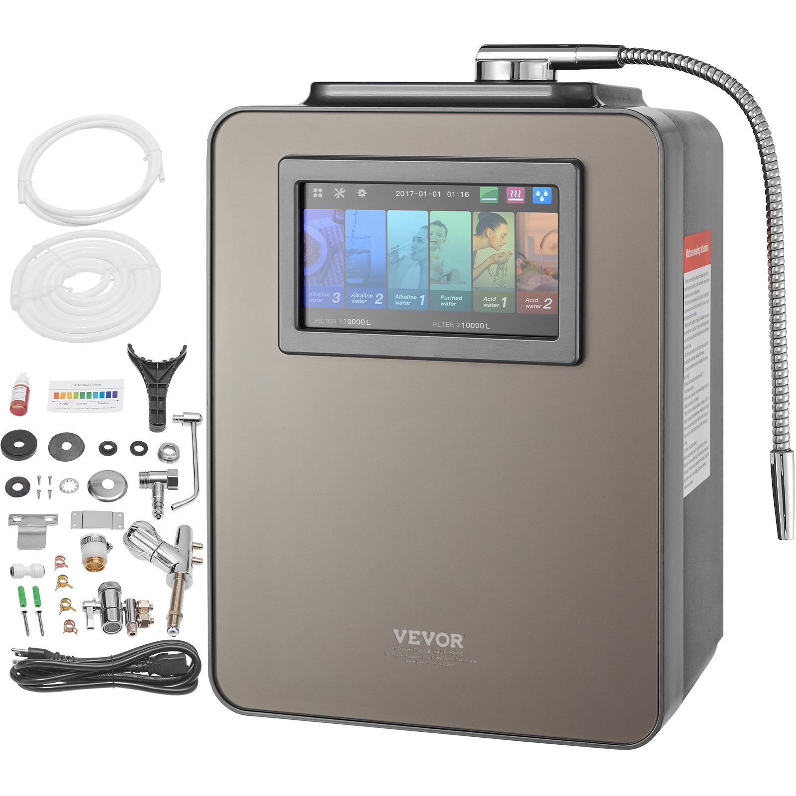VEVOR Alkaline Water Ionizer Machine, pH 2.5-11.2 Alkaline Acidic Hydrogen Water Purifier, 6 Water Settings Home Filtration System, Up to -850mV ORP, 10000L Per Filter, UV Function, Water Heating 