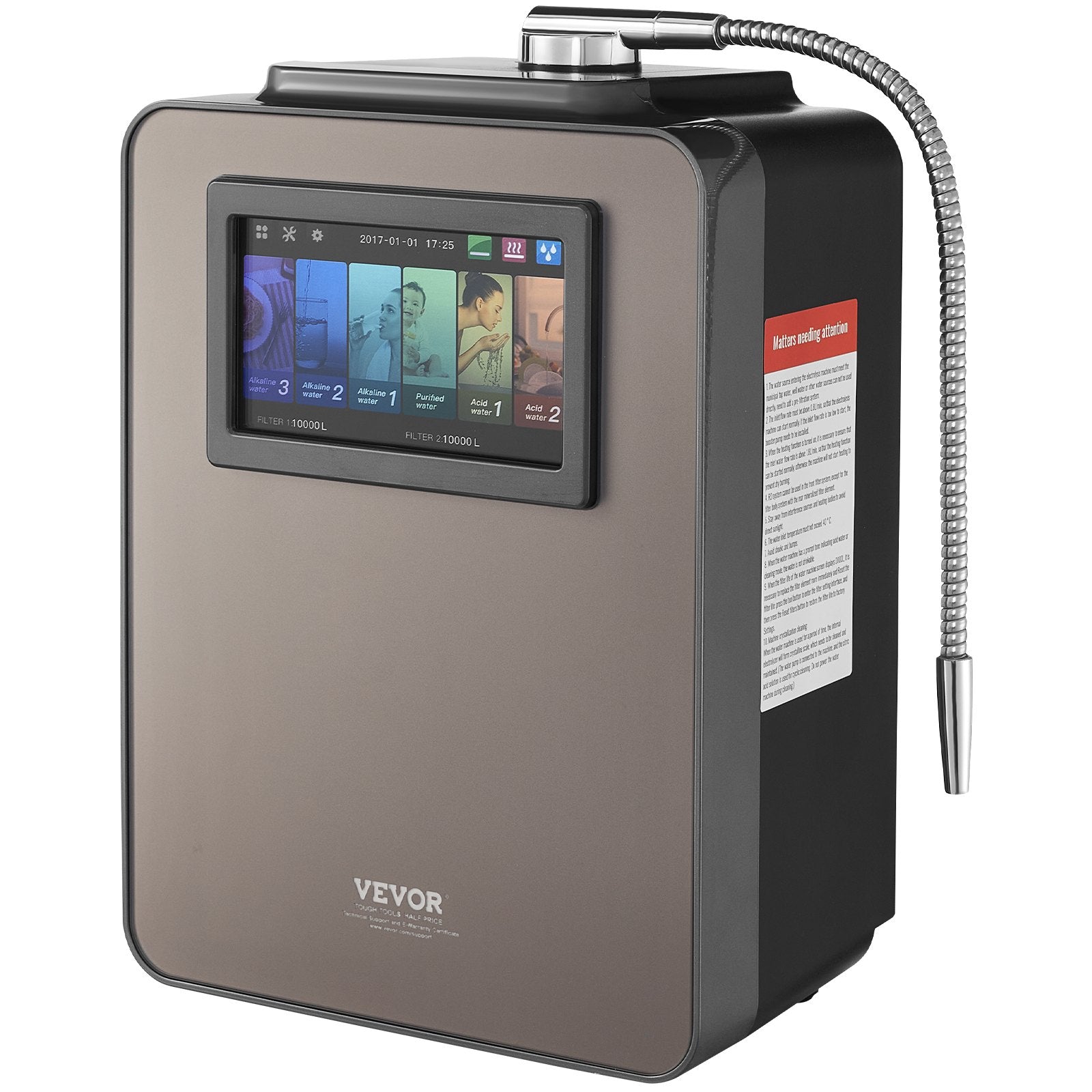 VEVOR Alkaline Water Ionizer Machine, pH 2.5-11.2 Alkaline Acidic Hydrogen Water Purifier, 6 Water Settings Home Filtration System, Up to -850mV ORP, 10000L Per Filter, UV Function, Water Heating 