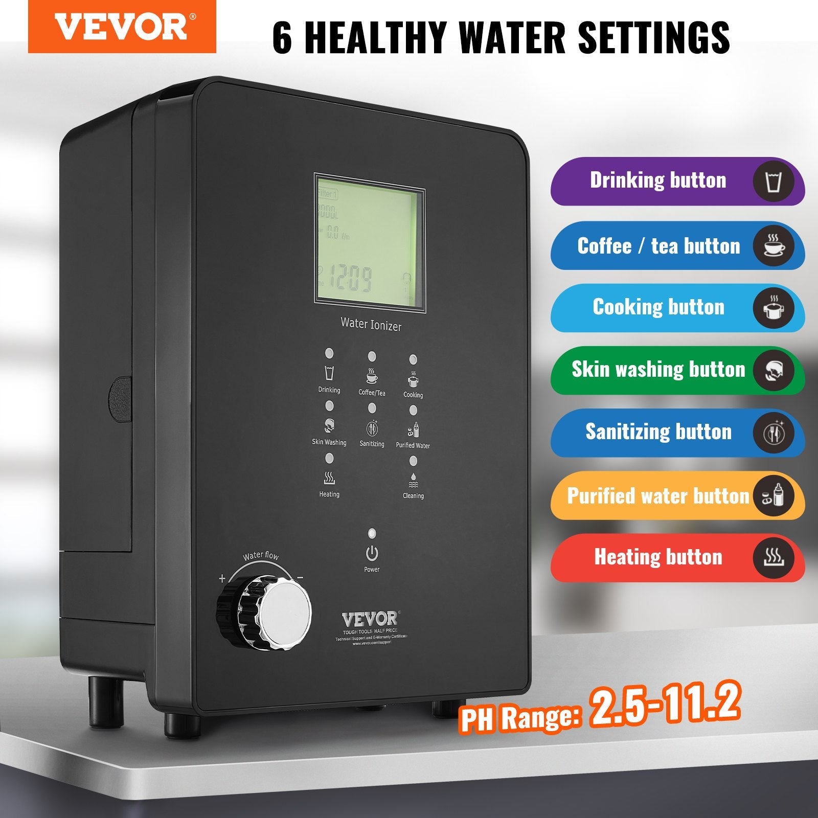 VEVOR Alkaline Water Ionizer Machine, pH 3-11.2 Alkaline Acidic Hydrogen Water Purifier, 6 Water Settings Home Filtration System, Up to -800mV ORP, 9000L Per Filter, UV Function, Water Heating 