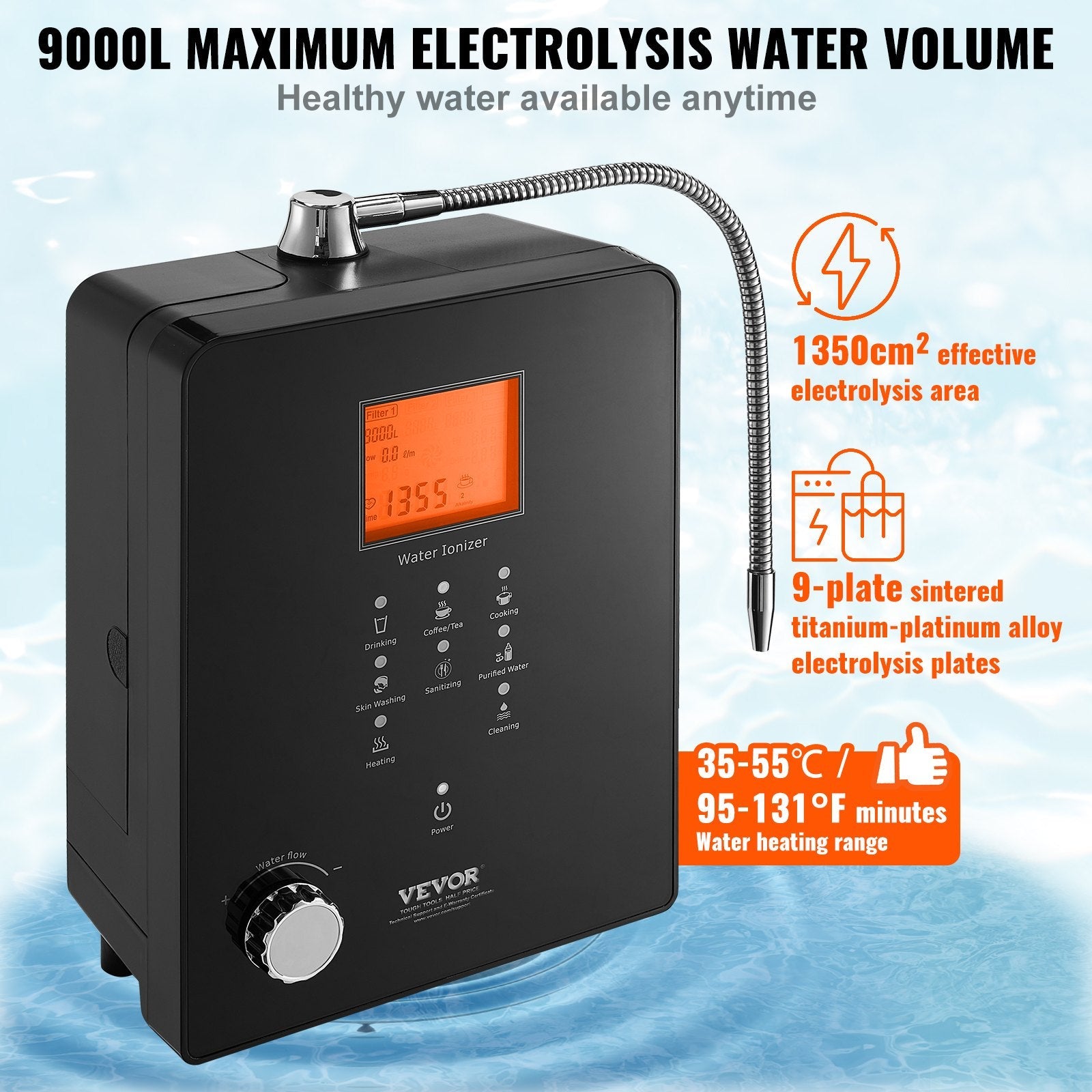 VEVOR Alkaline Water Ionizer Machine, pH 3-11.2 Alkaline Acidic Hydrogen Water Purifier, 6 Water Settings Home Filtration System, Up to -800mV ORP, 9000L Per Filter, UV Function, Water Heating 