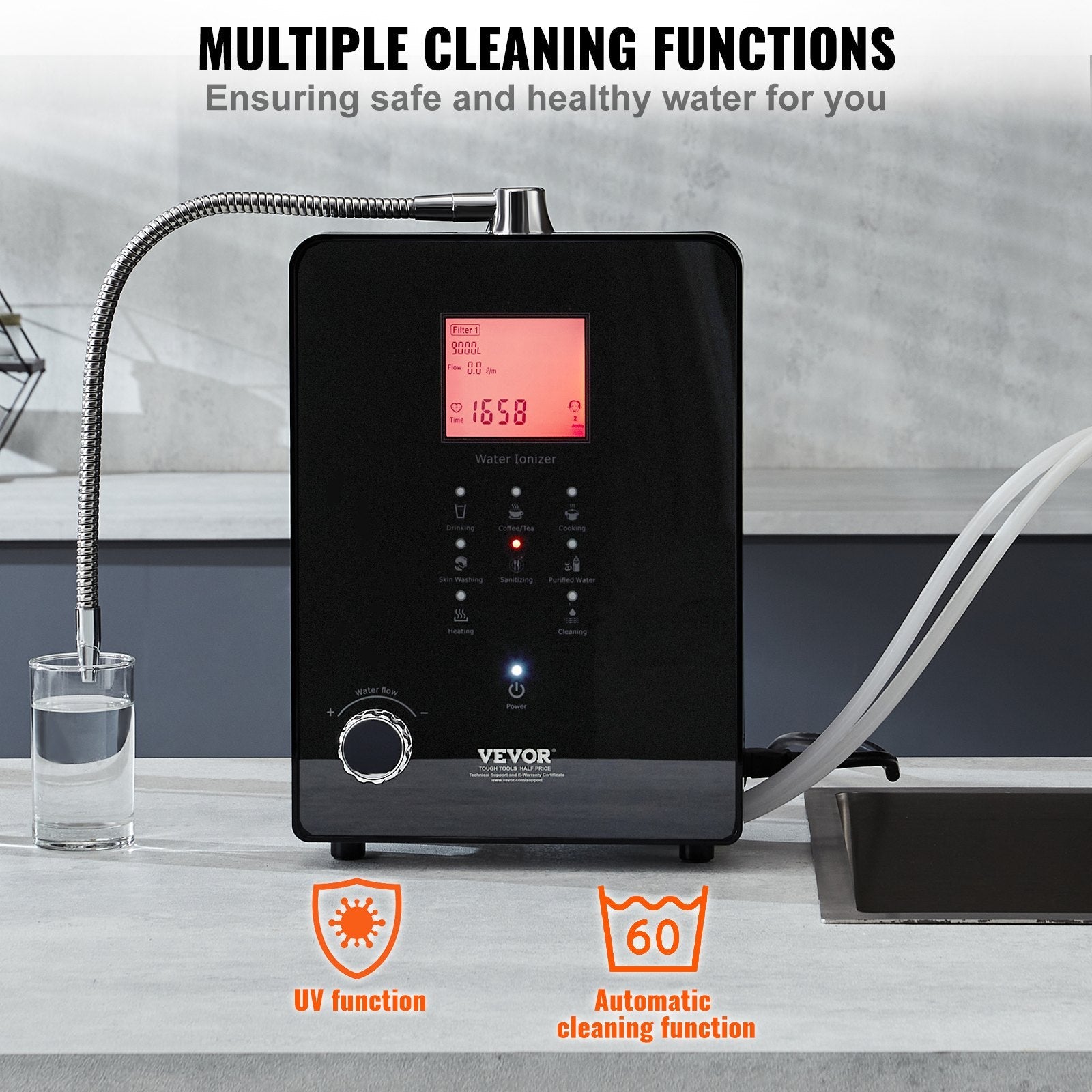 VEVOR Alkaline Water Ionizer Machine, pH 3-11.2 Alkaline Acidic Hydrogen Water Purifier, 6 Water Settings Home Filtration System, Up to -800mV ORP, 9000L Per Filter, UV Function, Water Heating 