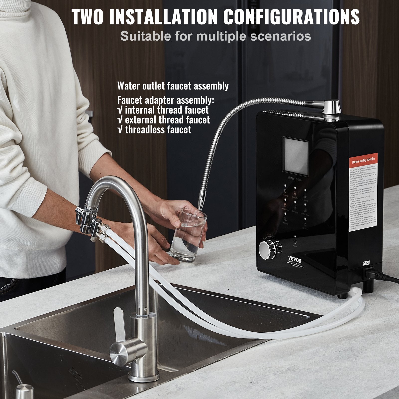 VEVOR Alkaline Water Ionizer Machine, pH 3-11.2 Alkaline Acidic Hydrogen Water Purifier, 6 Water Settings Home Filtration System, Up to -800mV ORP, 9000L Per Filter, UV Function, Water Heating 