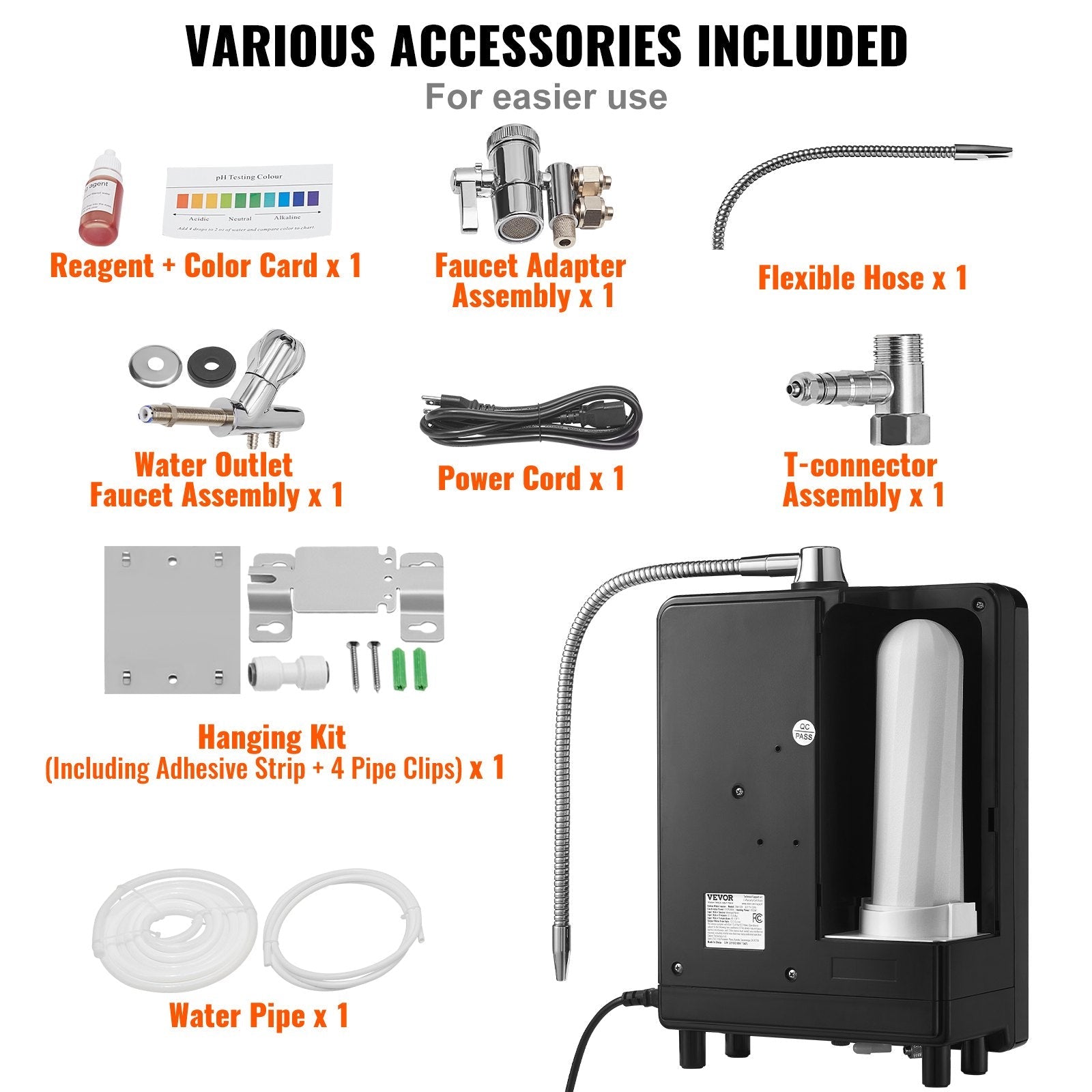 VEVOR Alkaline Water Ionizer Machine, pH 3-11.2 Alkaline Acidic Hydrogen Water Purifier, 6 Water Settings Home Filtration System, Up to -800mV ORP, 9000L Per Filter, UV Function, Water Heating 