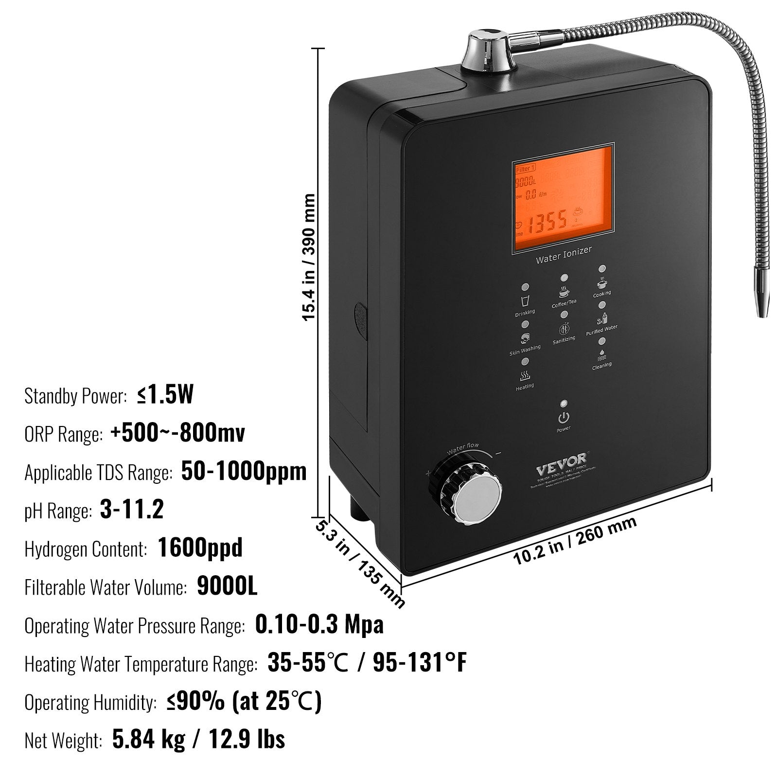 VEVOR Alkaline Water Ionizer Machine, pH 3-11.2 Alkaline Acidic Hydrogen Water Purifier, 6 Water Settings Home Filtration System, Up to -800mV ORP, 9000L Per Filter, UV Function, Water Heating 
