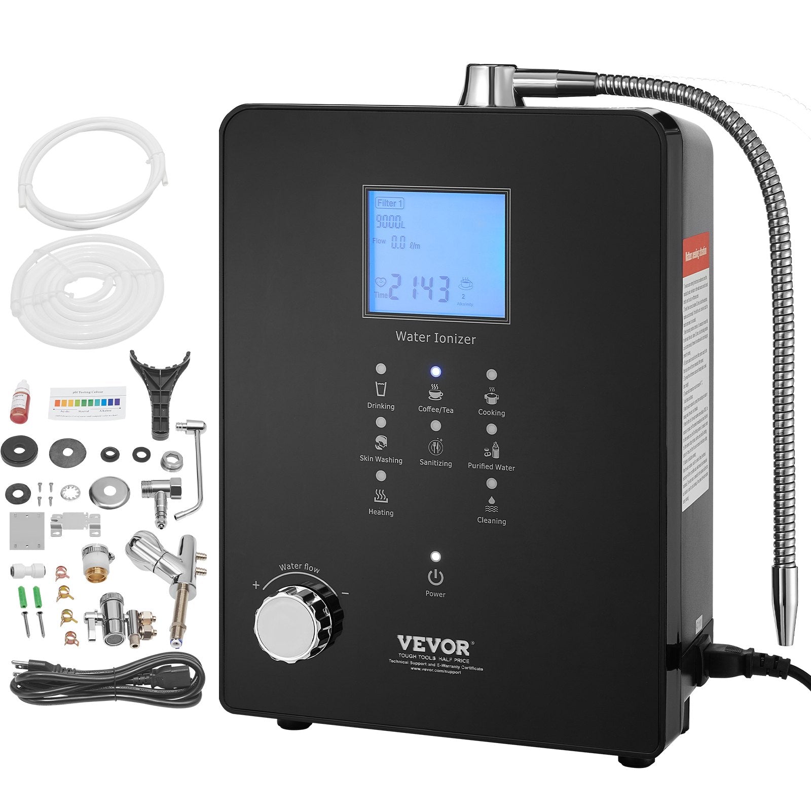 VEVOR Alkaline Water Ionizer Machine, pH 3-11.2 Alkaline Acidic Hydrogen Water Purifier, 6 Water Settings Home Filtration System, Up to -800mV ORP, 9000L Per Filter, UV Function, Water Heating 