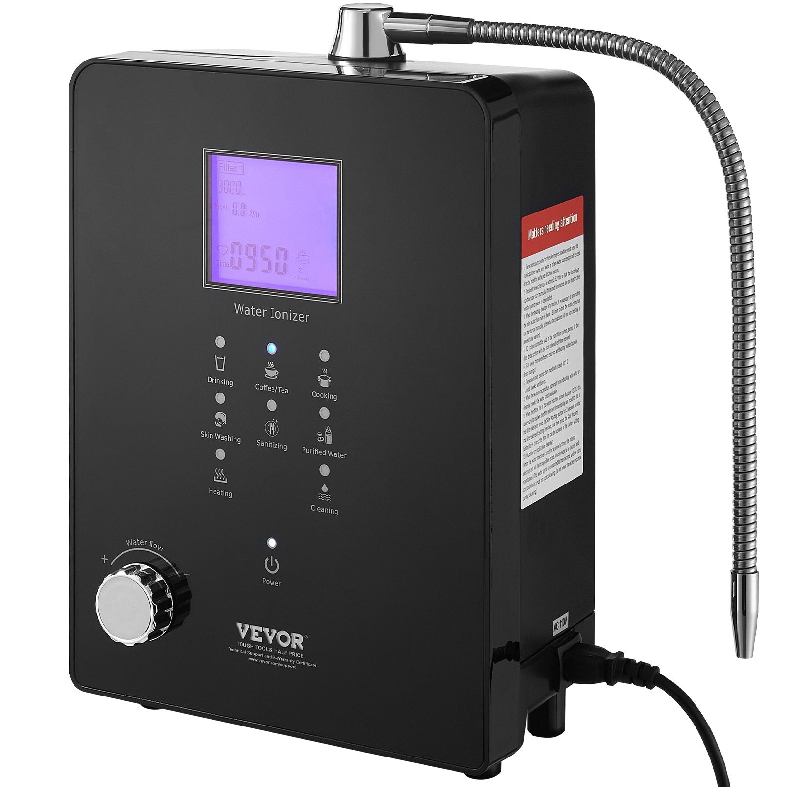 VEVOR Alkaline Water Ionizer Machine, pH 3-11.2 Alkaline Acidic Hydrogen Water Purifier, 6 Water Settings Home Filtration System, Up to -800mV ORP, 9000L Per Filter, UV Function, Water Heating 