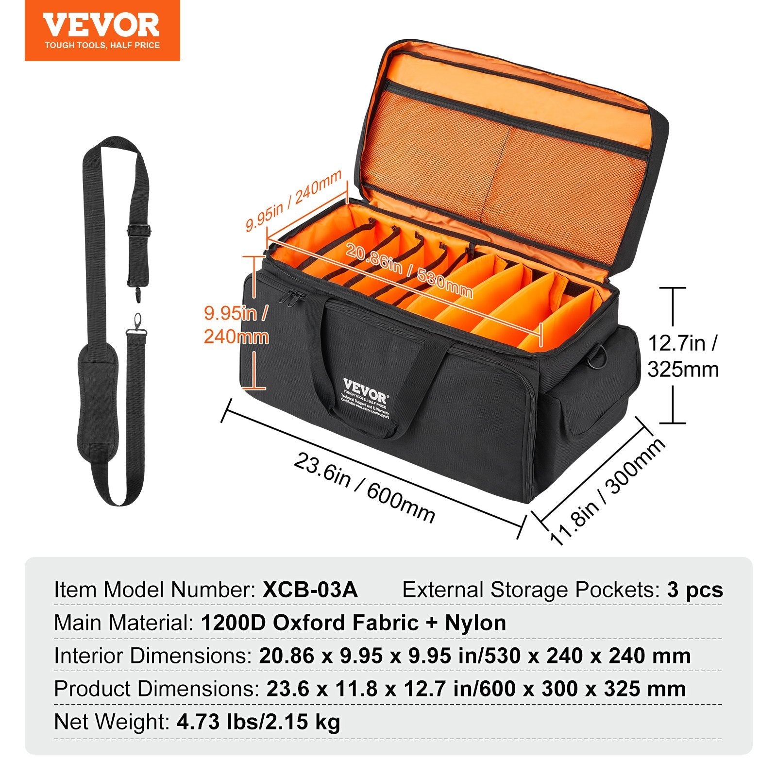VEVOR DJ Cable File Bag, 1200D Oxford Fabric, DJ Gig Bag with 9 Detachable Divider 4.92 ft Padded Shoulder Strap Plastic Bottom Pad, 23.6 x 11.8 x 12.7 in DJ Wire Bag for DJ Gear Musical Accessories 