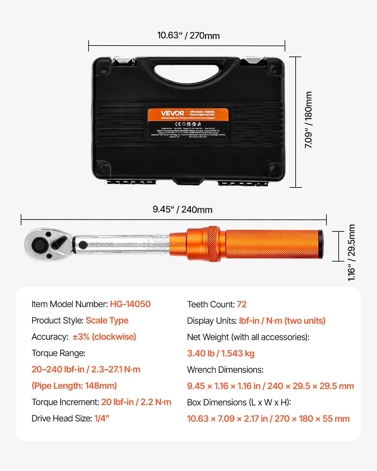 VEVOR Click Torque Wrench Set 1/4Inch Drive 20-240 lbf-in/2.3-27.1N.m Orange