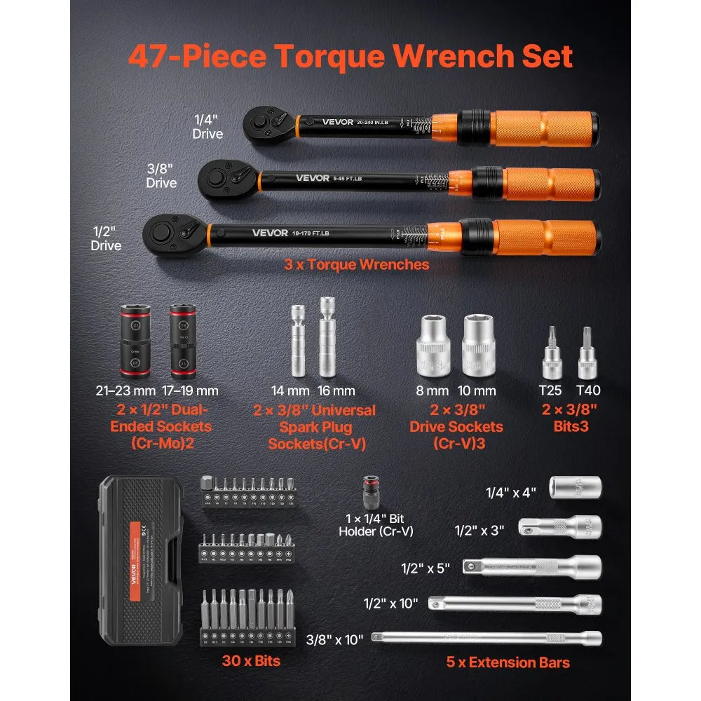 47-Piece Click Torque Wrench Set, 1/4", 3/8" & 1/2" Drive, ±3% Precision with Sockets, Bits & Storage Case