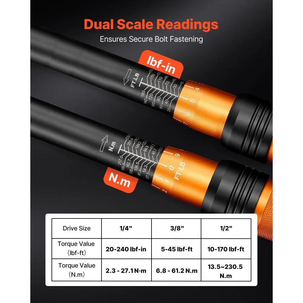 47-Piece Click Torque Wrench Set, 1/4", 3/8" & 1/2" Drive, ±3% Precision with Sockets, Bits & Storage Case