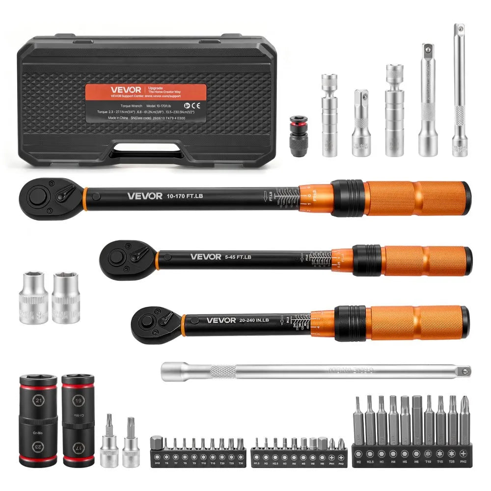 47-Piece Click Torque Wrench Set, 1/4", 3/8" & 1/2" Drive, ±3% Precision with Sockets, Bits & Storage Case