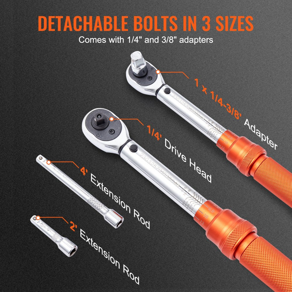VEVOR Torque Wrench, 1/4-inch Drive Click Torque Wrench 20-200in.lb/3-23n.m, Dual-Direction Adjustable Torque Wrench Set, Mechanical Dual Range Scales Torque Wrench Kit with Adapters Extension Rod 