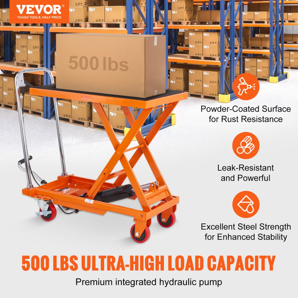 VEVOR Hydraulic Lift Table Cart, 500lbs Capacity 28.5" Lifting Height, Manual Single Scissor Lift Table with 4 Wheels and Non-slip Pad, Hydraulic Scissor Cart for Material Handling, Orange 