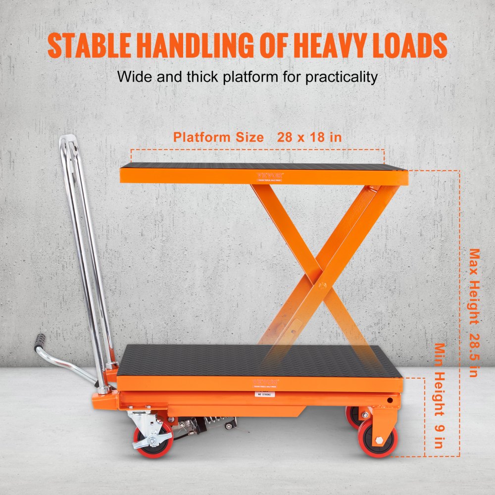 VEVOR Hydraulic Lift Table Cart, 500lbs Capacity 28.5" Lifting Height, Manual Single Scissor Lift Table with 4 Wheels and Non-slip Pad, Hydraulic Scissor Cart for Material Handling, Orange 
