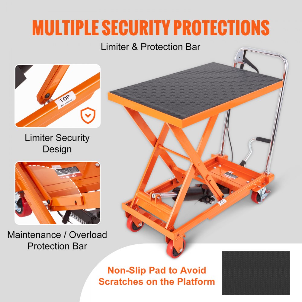 VEVOR Hydraulic Lift Table Cart, 500lbs Capacity 28.5" Lifting Height, Manual Single Scissor Lift Table with 4 Wheels and Non-slip Pad, Hydraulic Scissor Cart for Material Handling, Orange 