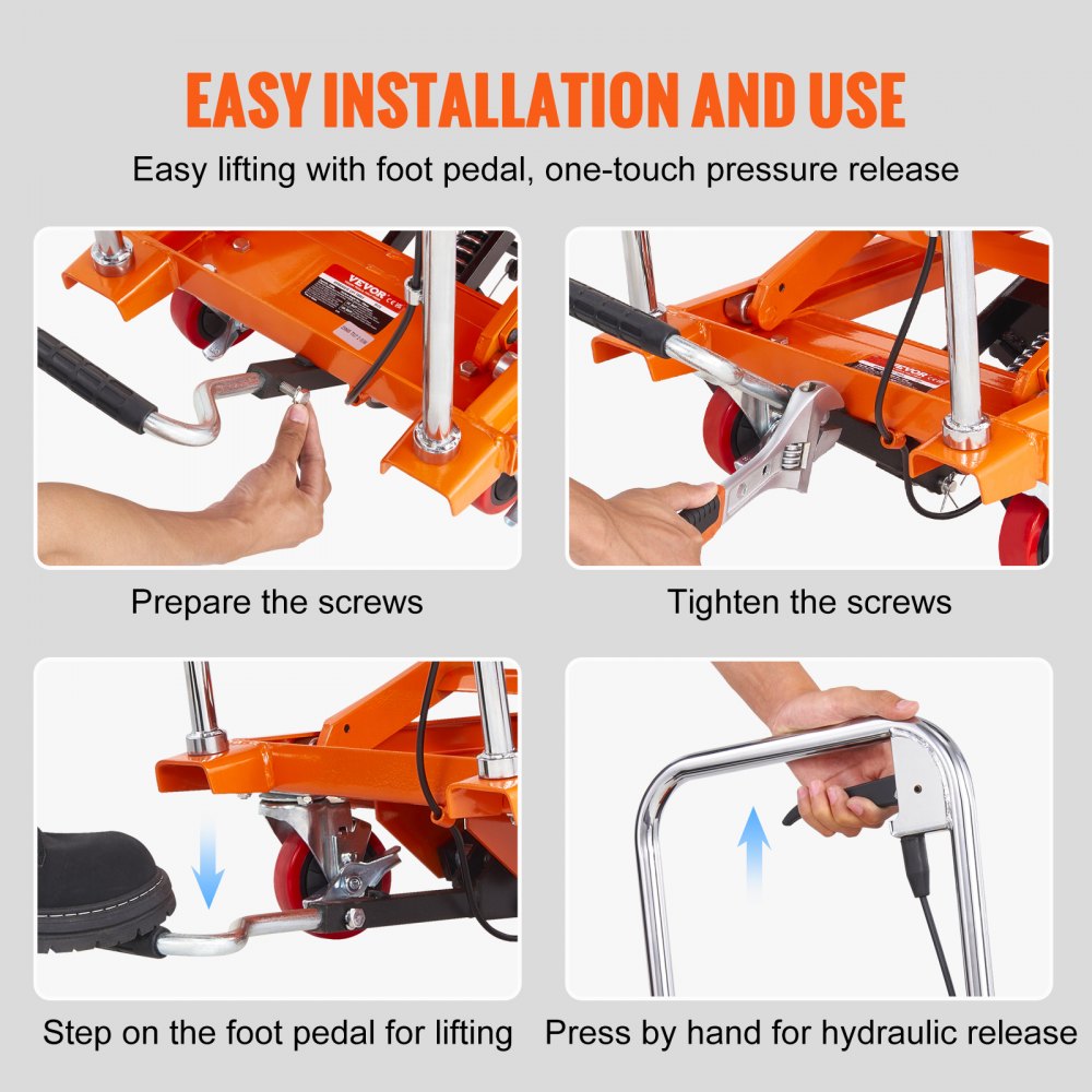 VEVOR Hydraulic Lift Table Cart, 500lbs Capacity 28.5" Lifting Height, Manual Single Scissor Lift Table with 4 Wheels and Non-slip Pad, Hydraulic Scissor Cart for Material Handling, Orange 