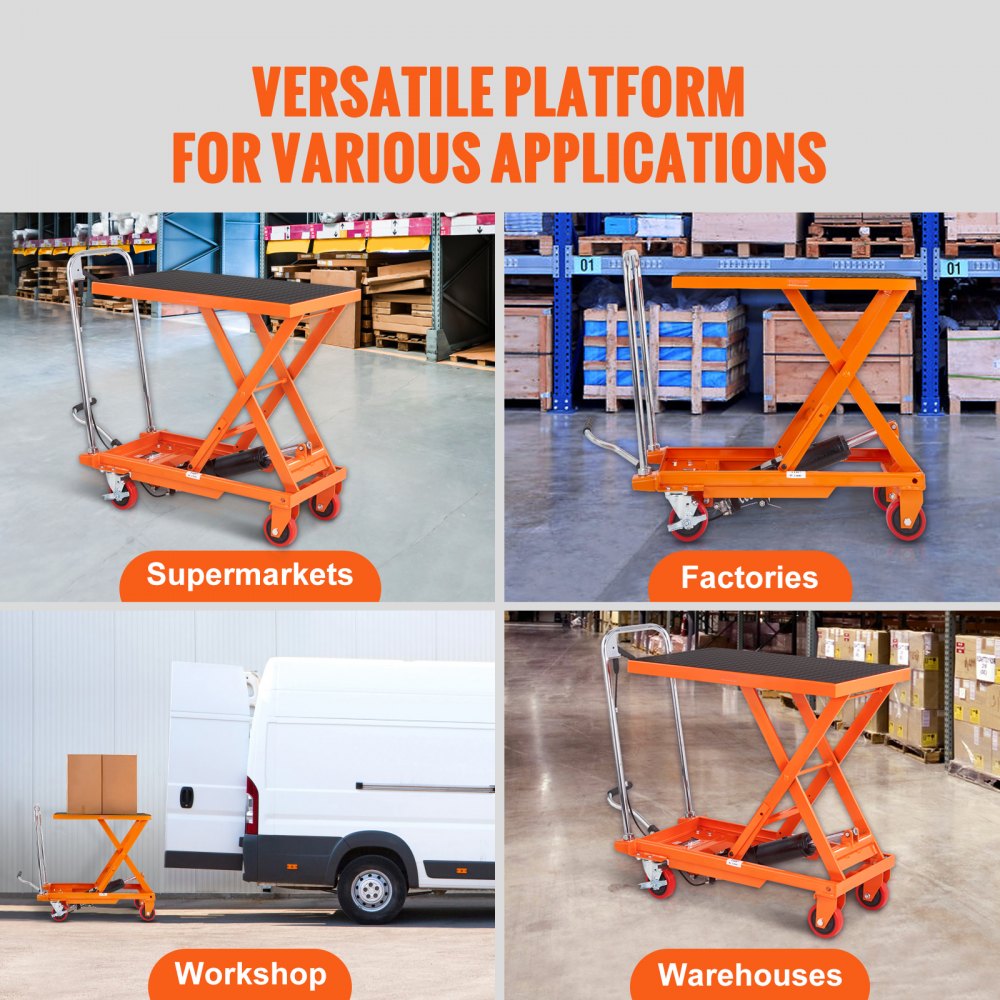 VEVOR Hydraulic Lift Table Cart, 500lbs Capacity 28.5" Lifting Height, Manual Single Scissor Lift Table with 4 Wheels and Non-slip Pad, Hydraulic Scissor Cart for Material Handling, Orange 