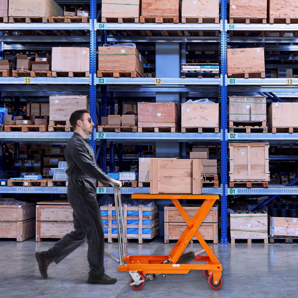 VEVOR Hydraulic Lift Table Cart, 500lbs Capacity 28.5" Lifting Height, Manual Single Scissor Lift Table with 4 Wheels and Non-slip Pad, Hydraulic Scissor Cart for Material Handling, Orange 