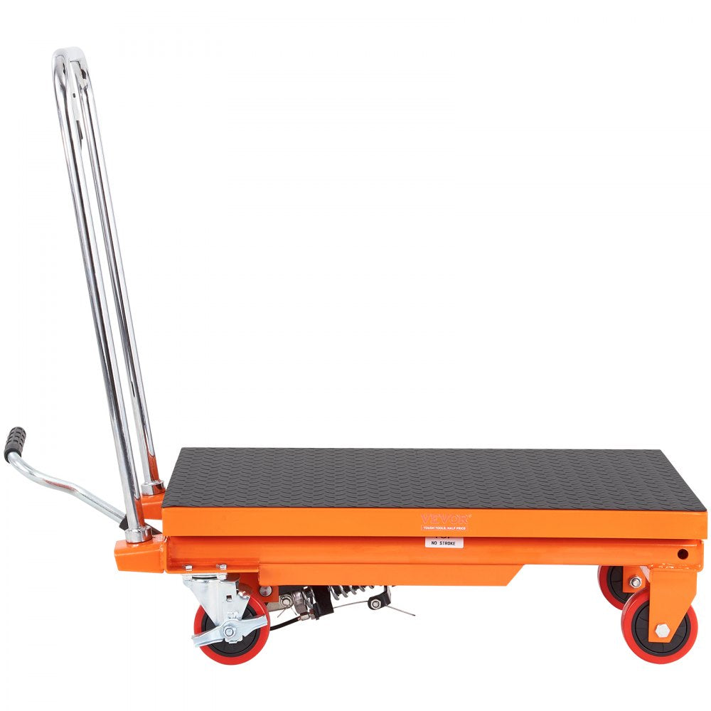 VEVOR Hydraulic Lift Table Cart, 500lbs Capacity 28.5" Lifting Height, Manual Single Scissor Lift Table with 4 Wheels and Non-slip Pad, Hydraulic Scissor Cart for Material Handling, Orange 