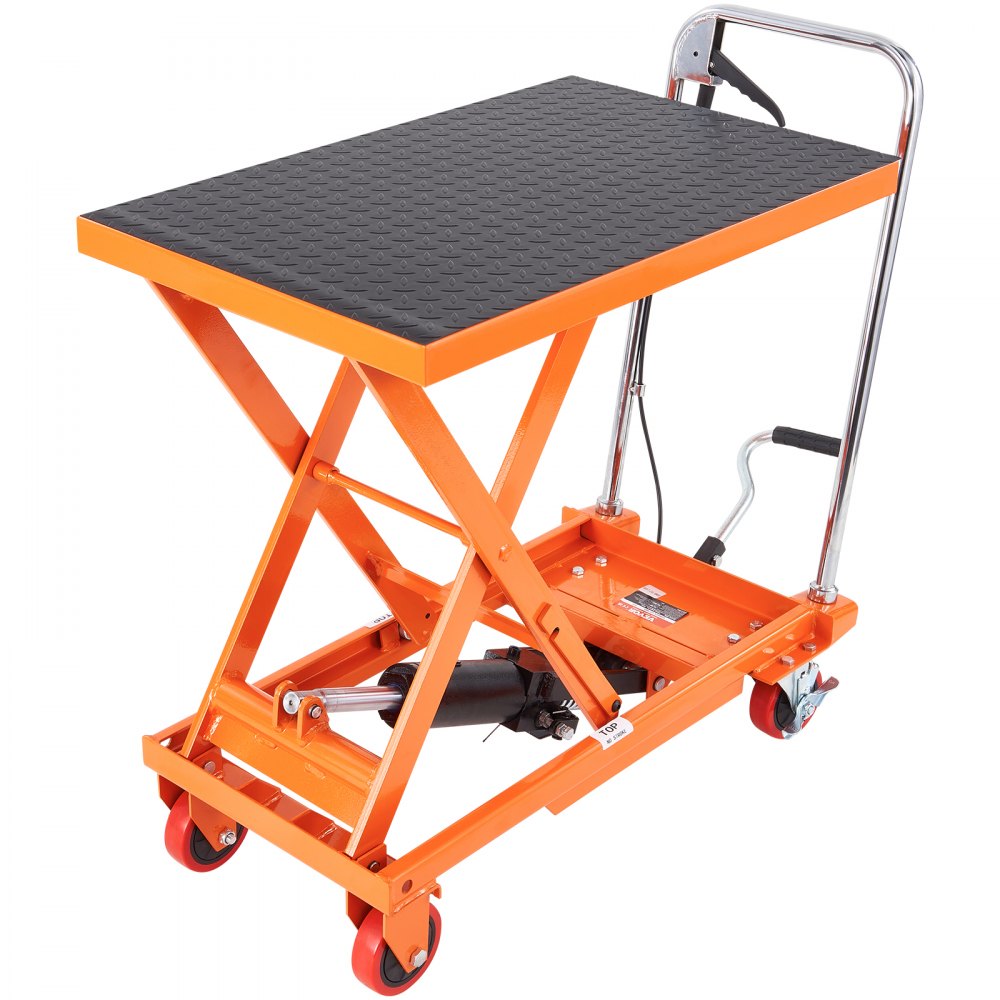 VEVOR Hydraulic Lift Table Cart, 500lbs Capacity 28.5" Lifting Height, Manual Single Scissor Lift Table with 4 Wheels and Non-slip Pad, Hydraulic Scissor Cart for Material Handling, Orange 