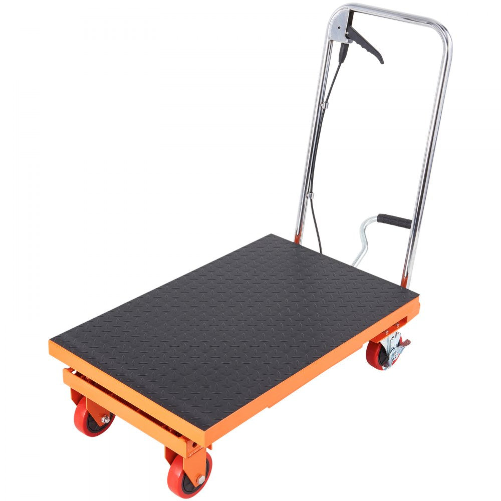 VEVOR Hydraulic Lift Table Cart, 500lbs Capacity 28.5" Lifting Height, Manual Single Scissor Lift Table with 4 Wheels and Non-slip Pad, Hydraulic Scissor Cart for Material Handling, Orange 