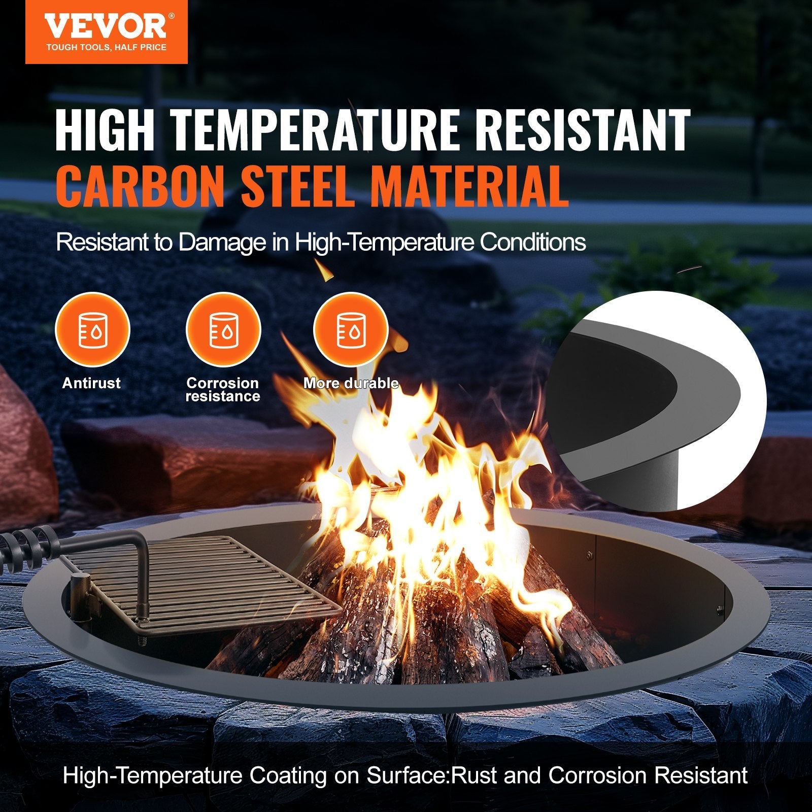 VEVOR Fire Pit Ring w/ BBQ Fire Ring 40 Inch Outer Steel DIY Campfire Firepit 