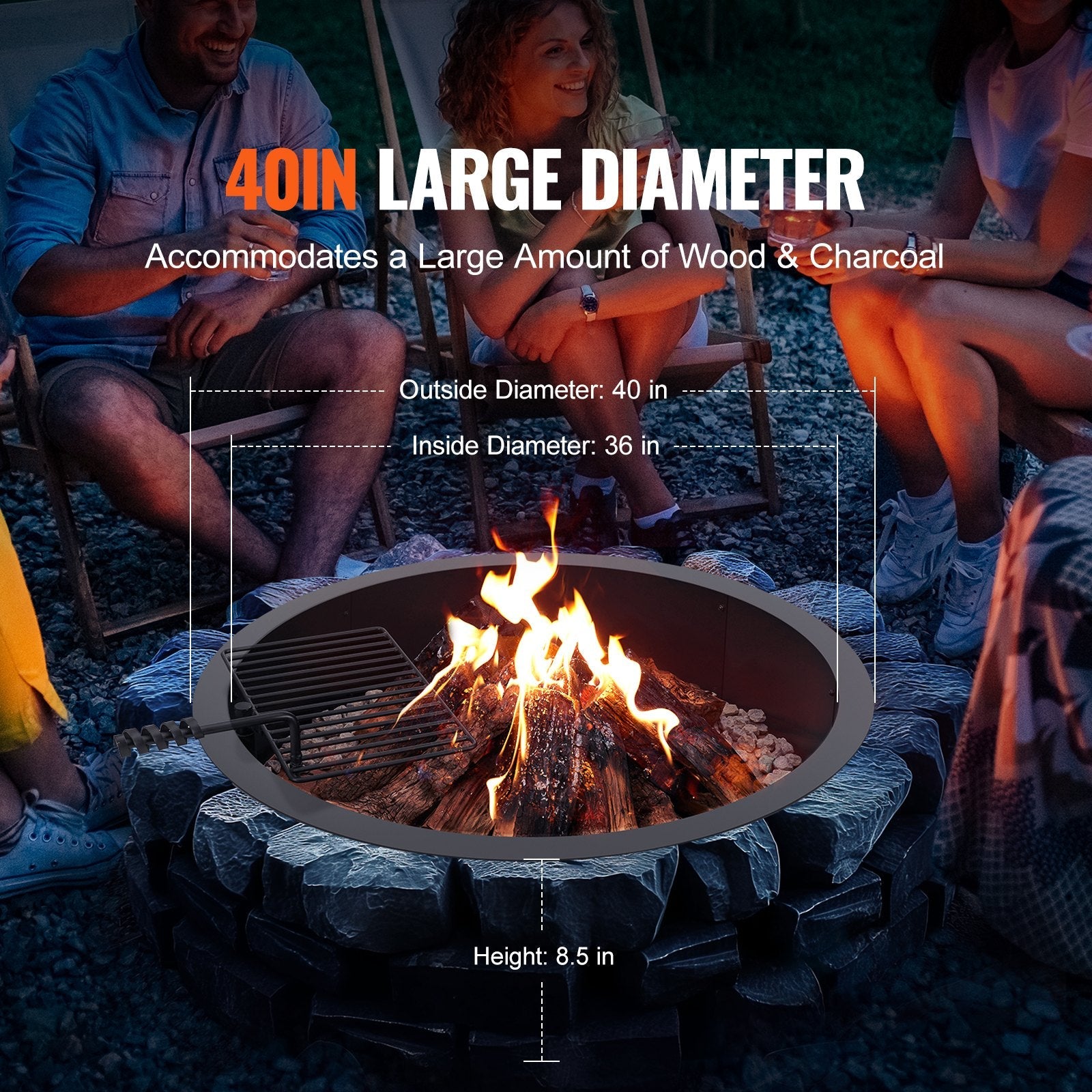 VEVOR Fire Pit Ring w/ BBQ Fire Ring 40 Inch Outer Steel DIY Campfire Firepit 