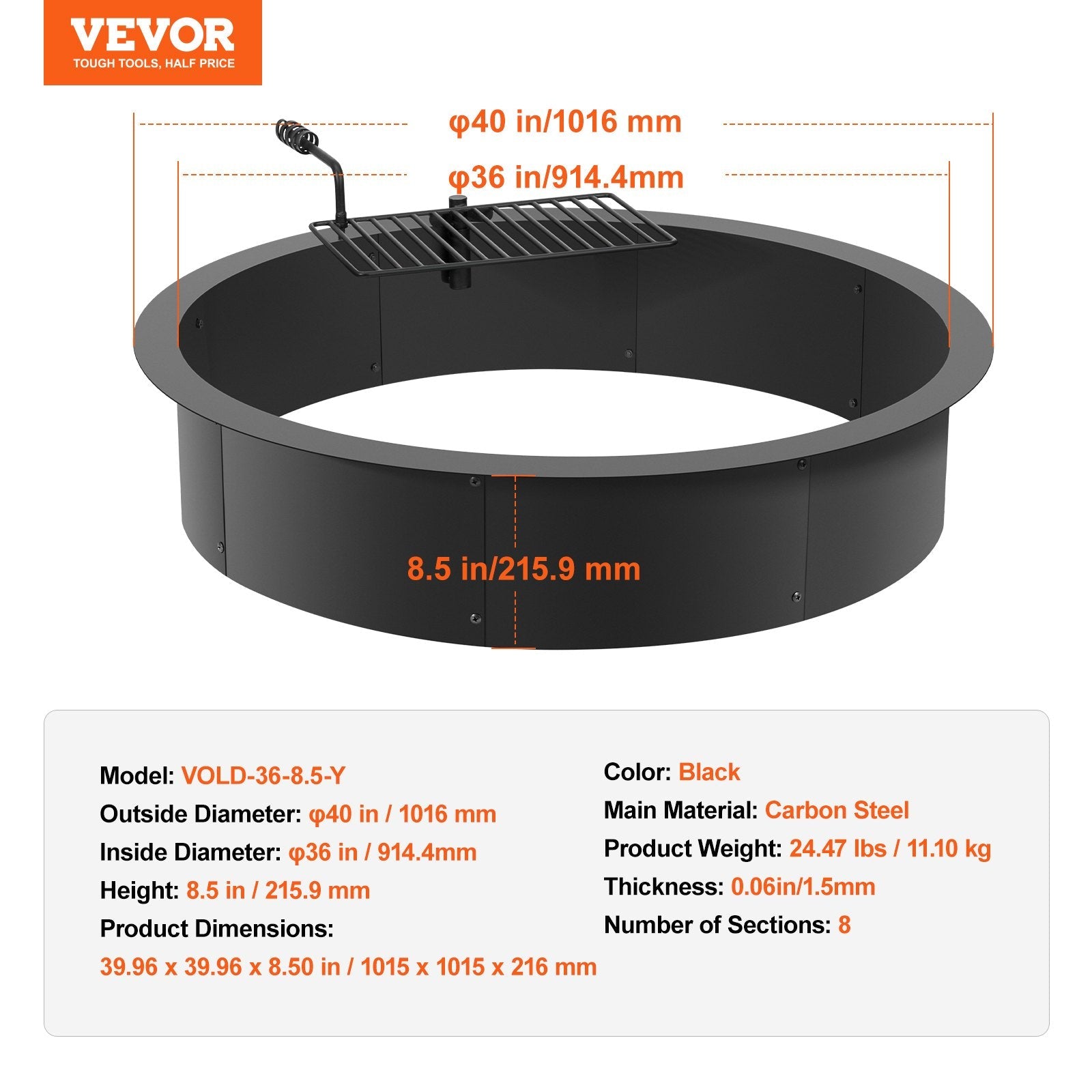 VEVOR Fire Pit Ring w/ BBQ Fire Ring 40 Inch Outer Steel DIY Campfire Firepit 