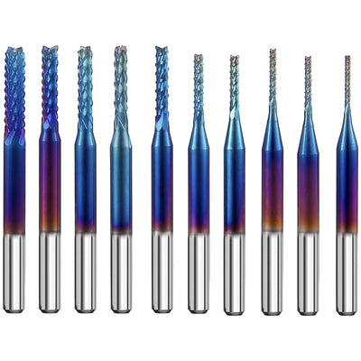 VEVOR 10PCs CNC Router Bits 1/8"(3.175mm) Shank End Mill Nano Blue Coat 0.8/1.0/1.2/1.4/1.6/1.8/2.0/2.2/2.4/3mm Engraving Bits Tungsten Steel Spiral Milling Tool Set for Engraving Cutting Acrylic Woo 