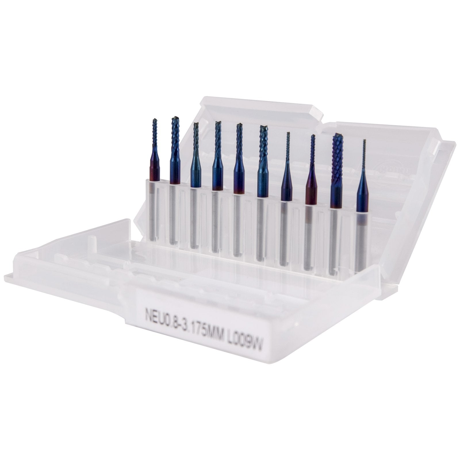 VEVOR 10PCs CNC Router Bits 1/8"(3.175mm) Shank End Mill Nano Blue Coat 0.8/1.0/1.2/1.4/1.6/1.8/2.0/2.2/2.4/3mm Engraving Bits Tungsten Steel Spiral Milling Tool Set for Engraving Cutting Acrylic Woo 