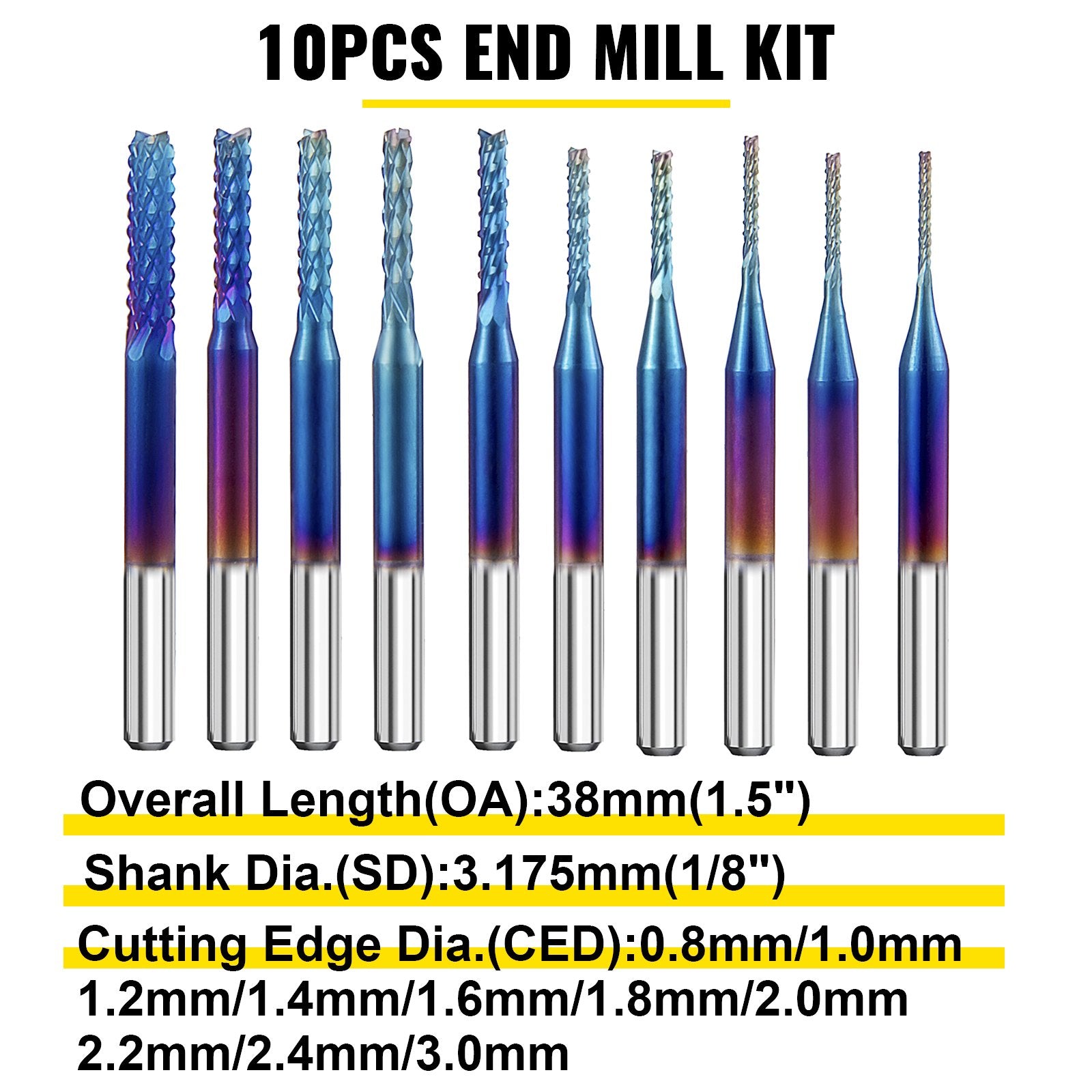 VEVOR 10PCs CNC Router Bits 1/8"(3.175mm) Shank End Mill Nano Blue Coat 0.8/1.0/1.2/1.4/1.6/1.8/2.0/2.2/2.4/3mm Engraving Bits Tungsten Steel Spiral Milling Tool Set for Engraving Cutting Acrylic Woo 