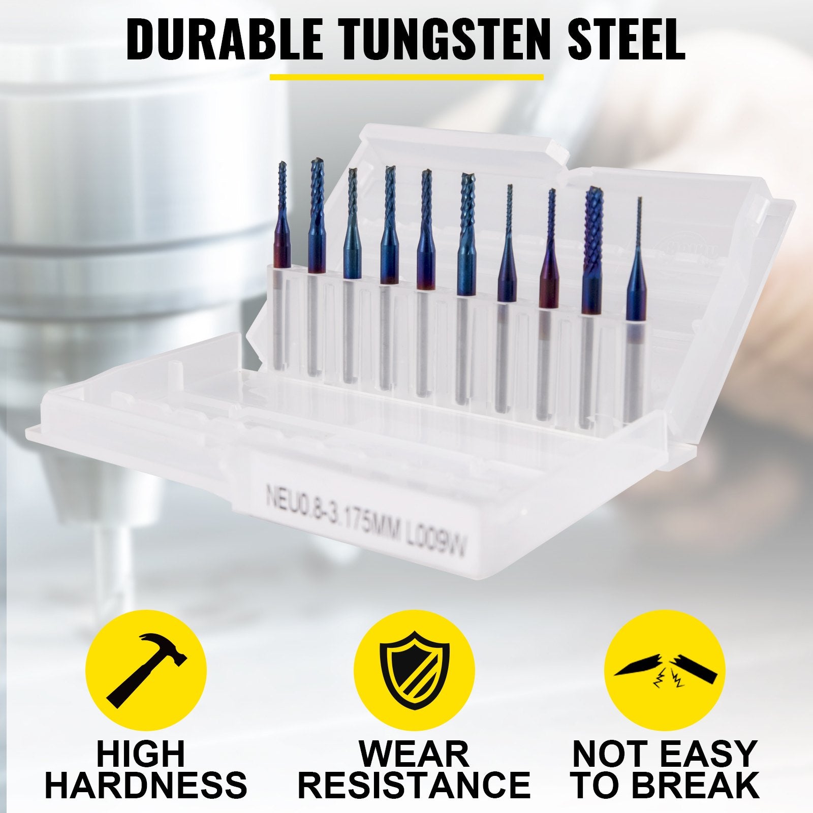 VEVOR 10PCs CNC Router Bits 1/8"(3.175mm) Shank End Mill Nano Blue Coat 0.8/1.0/1.2/1.4/1.6/1.8/2.0/2.2/2.4/3mm Engraving Bits Tungsten Steel Spiral Milling Tool Set for Engraving Cutting Acrylic Woo 