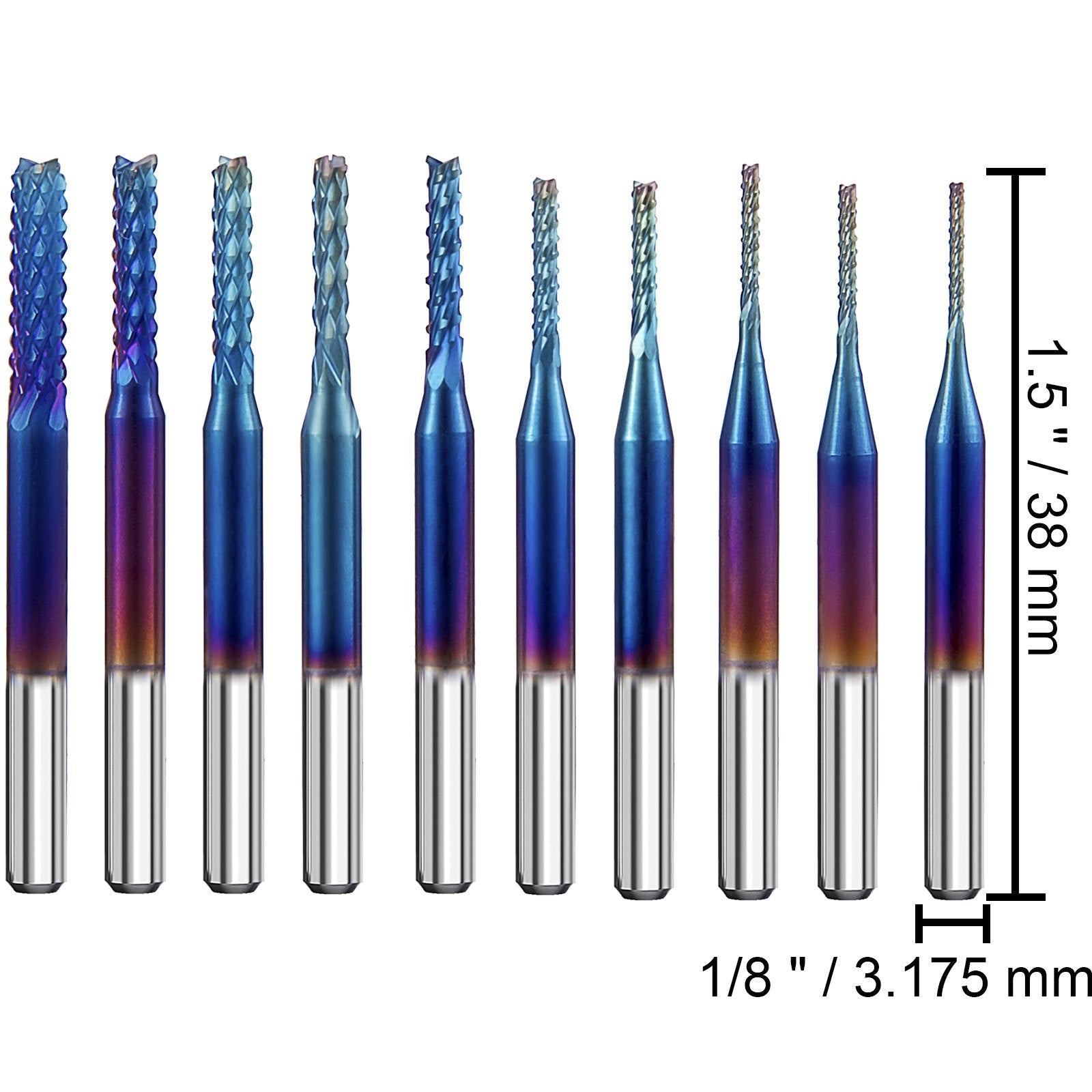 VEVOR 10PCs CNC Router Bits 1/8"(3.175mm) Shank End Mill Nano Blue Coat 0.8/1.0/1.2/1.4/1.6/1.8/2.0/2.2/2.4/3mm Engraving Bits Tungsten Steel Spiral Milling Tool Set for Engraving Cutting Acrylic Woo 