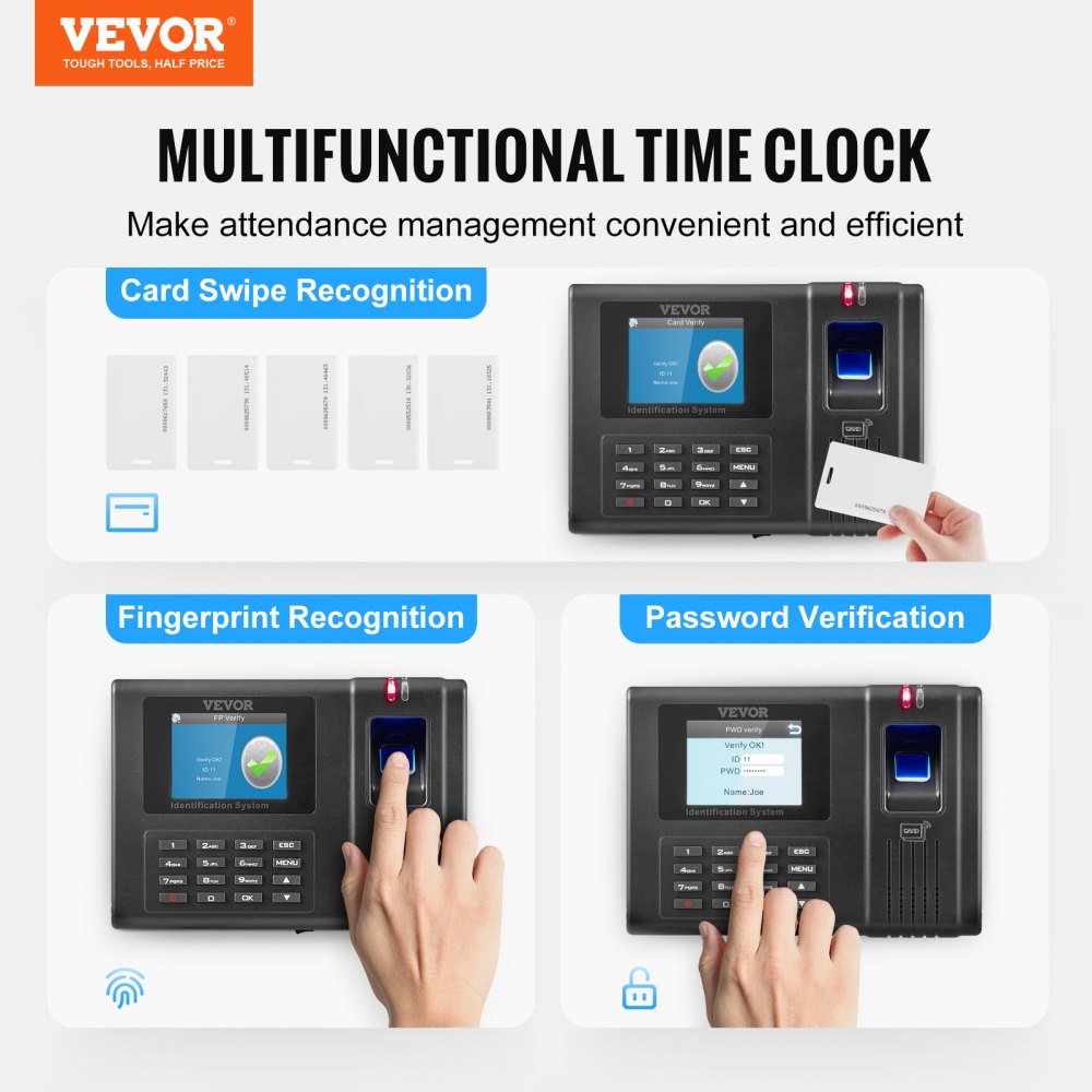 VEVOR Time Clock Biometric Clock 100000 Records Employee Attendance Machine 