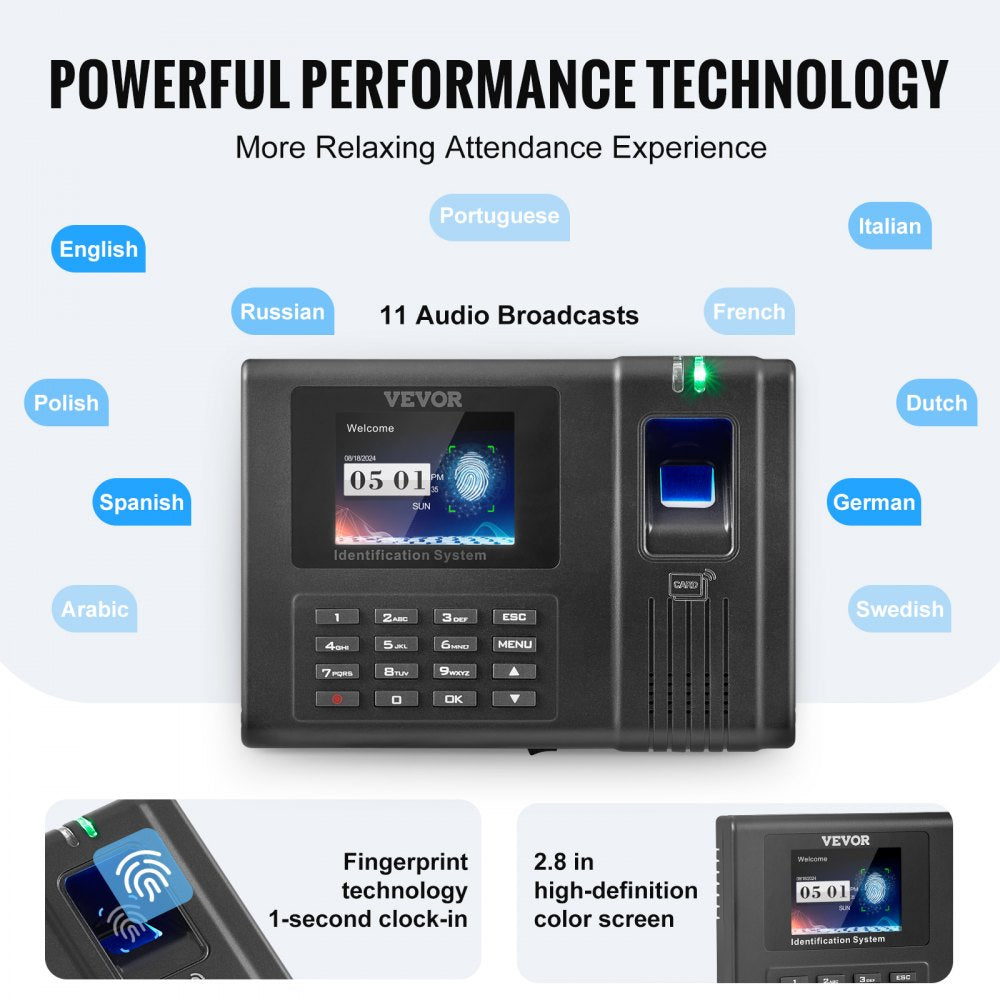 VEVOR Time Clock Biometric Clock 100000 Records Employee Attendance Machine 