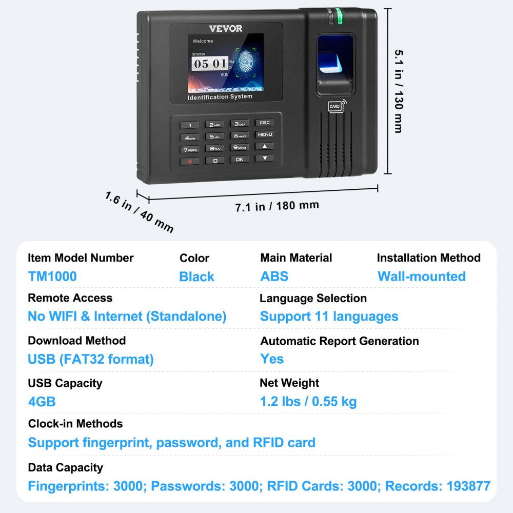 VEVOR Time Clock Biometric Clock 100000 Records Employee Attendance Machine 