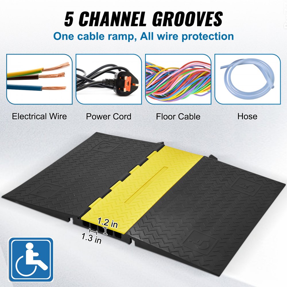 VEVOR Rubber Cable Protector Ramp, 5 Channel, 22000 lbs/axle Capacity Heavy Duty Wire Cover Ramp Hose Cord Ramp Driveway, Traffic Speed Bump with Flip-Open Top Cover, ADA Compliant for Indoor & Outdoo 