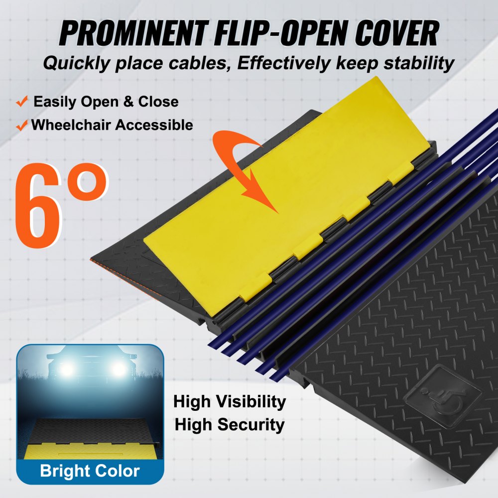 VEVOR Rubber Cable Protector Ramp, 5 Channel, 22000 lbs/axle Capacity Heavy Duty Wire Cover Ramp Hose Cord Ramp Driveway, Traffic Speed Bump with Flip-Open Top Cover, ADA Compliant for Indoor & Outdoo 