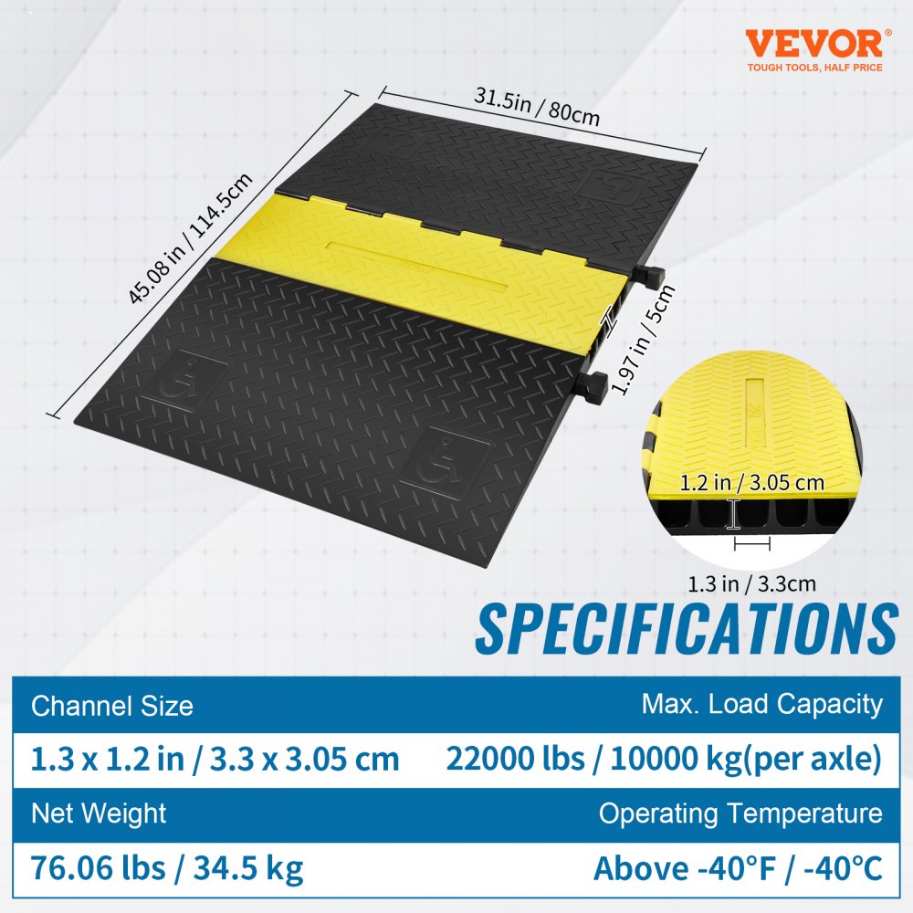 VEVOR Rubber Cable Protector Ramp, 5 Channel, 22000 lbs/axle Capacity Heavy Duty Wire Cover Ramp Hose Cord Ramp Driveway, Traffic Speed Bump with Flip-Open Top Cover, ADA Compliant for Indoor & Outdoo 