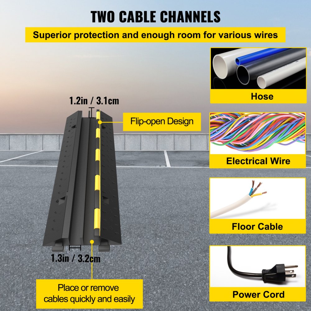 VEVOR Cable Protector Ramp, 4 Packs 2 Channels Speed Bump Hump, Rubber Modular Speed Bump Rated 11000 LBS Load Capacity, Protective Wire Cord Ramp Driveway Rubber Traffic Speed Bumps Cable Protector 