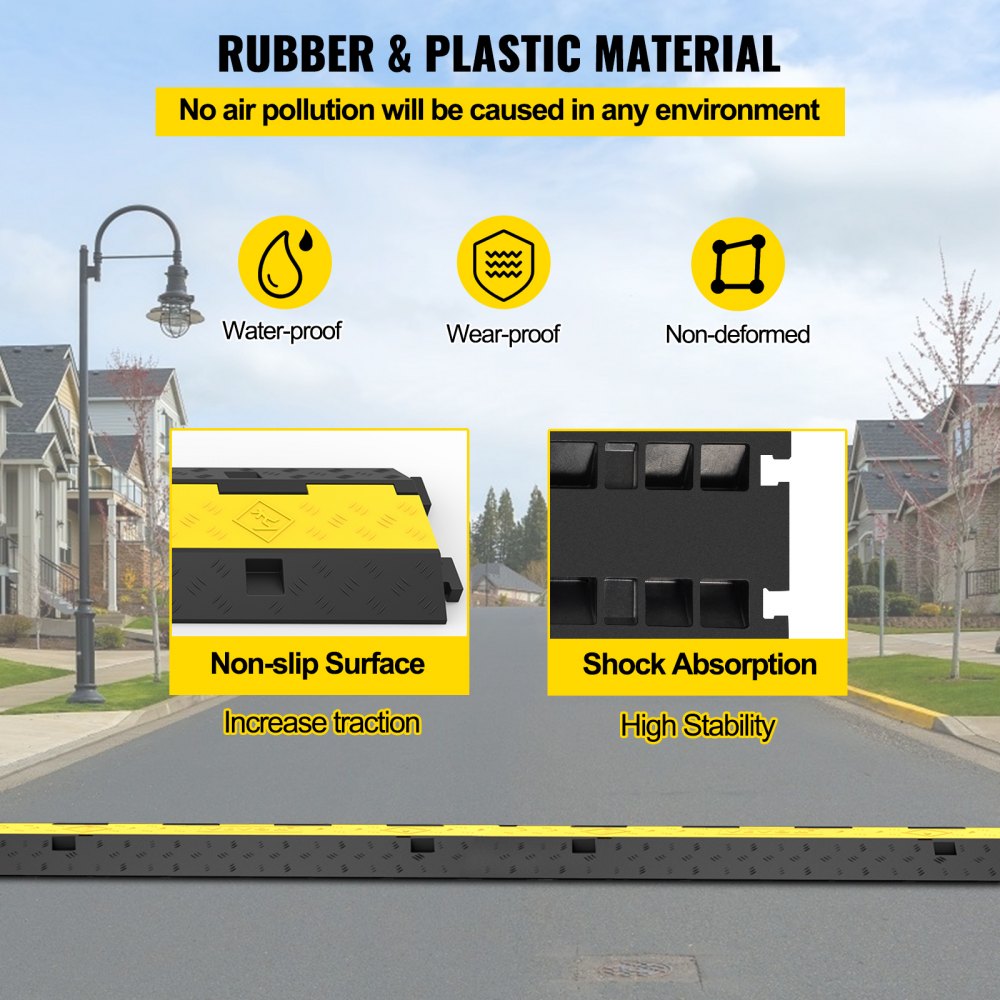 VEVOR Cable Protector Ramp, 4 Packs 2 Channels Speed Bump Hump, Rubber Modular Speed Bump Rated 11000 LBS Load Capacity, Protective Wire Cord Ramp Driveway Rubber Traffic Speed Bumps Cable Protector 