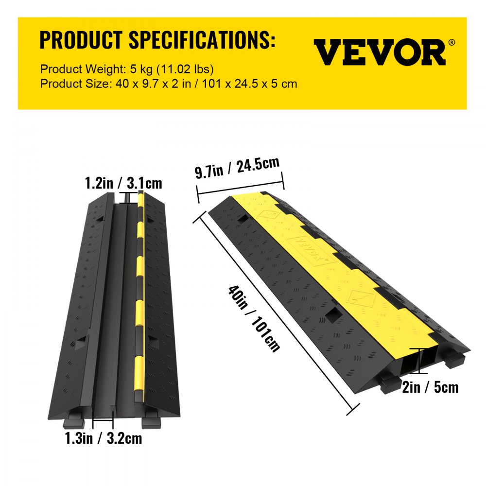 VEVOR Cable Protector Ramp, 4 Packs 2 Channels Speed Bump Hump, Rubber Modular Speed Bump Rated 11000 LBS Load Capacity, Protective Wire Cord Ramp Driveway Rubber Traffic Speed Bumps Cable Protector 