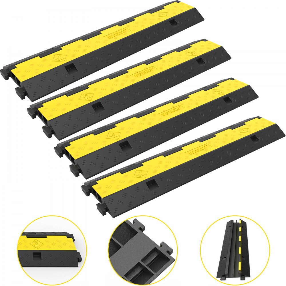 VEVOR Cable Protector Ramp, 4 Packs 2 Channels Speed Bump Hump, Rubber Modular Speed Bump Rated 11000 LBS Load Capacity, Protective Wire Cord Ramp Driveway Rubber Traffic Speed Bumps Cable Protector 