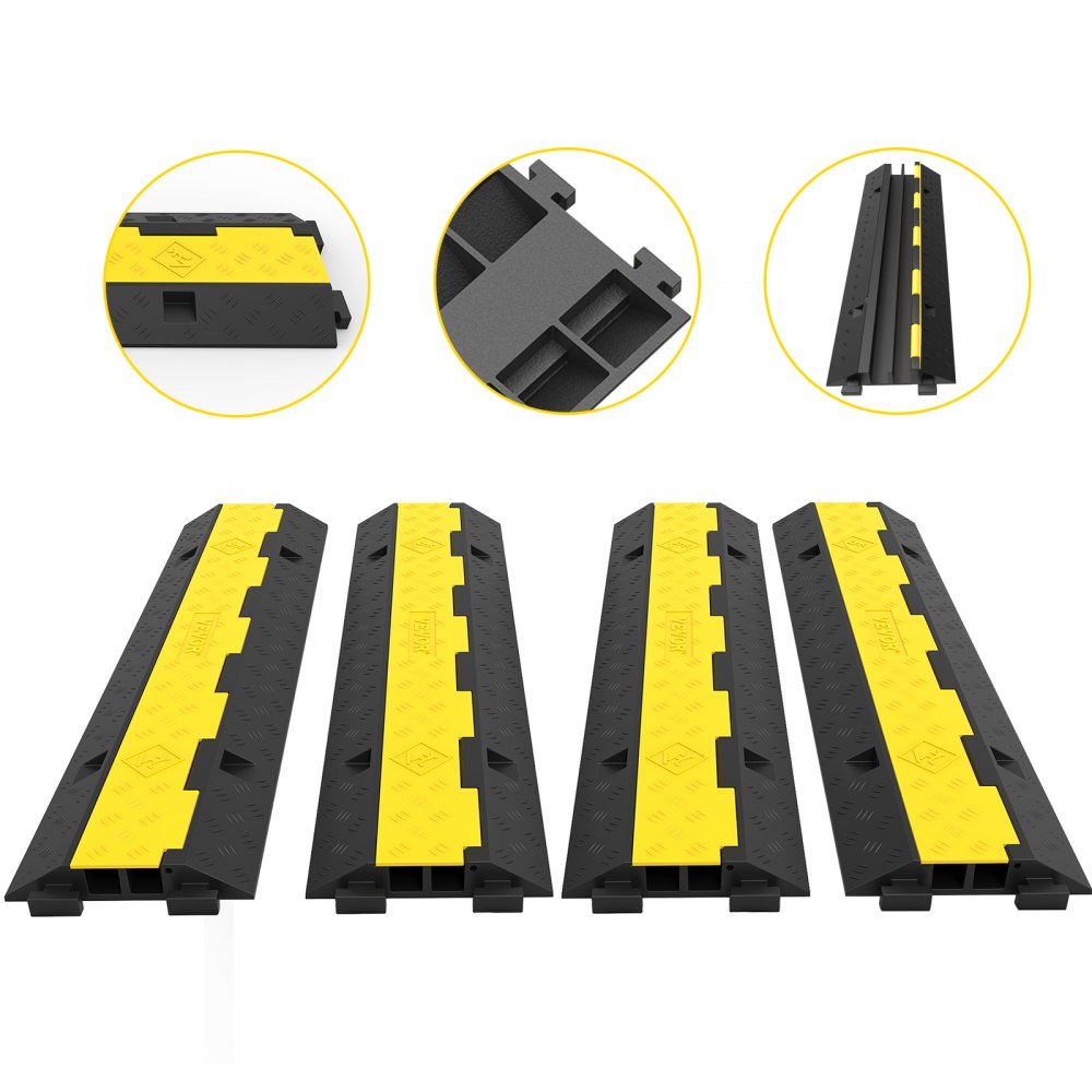 VEVOR Cable Protector Ramp, 4 Packs 2 Channels Speed Bump Hump, Rubber Modular Speed Bump Rated 11000 LBS Load Capacity, Protective Wire Cord Ramp Driveway Rubber Traffic Speed Bumps Cable Protector 