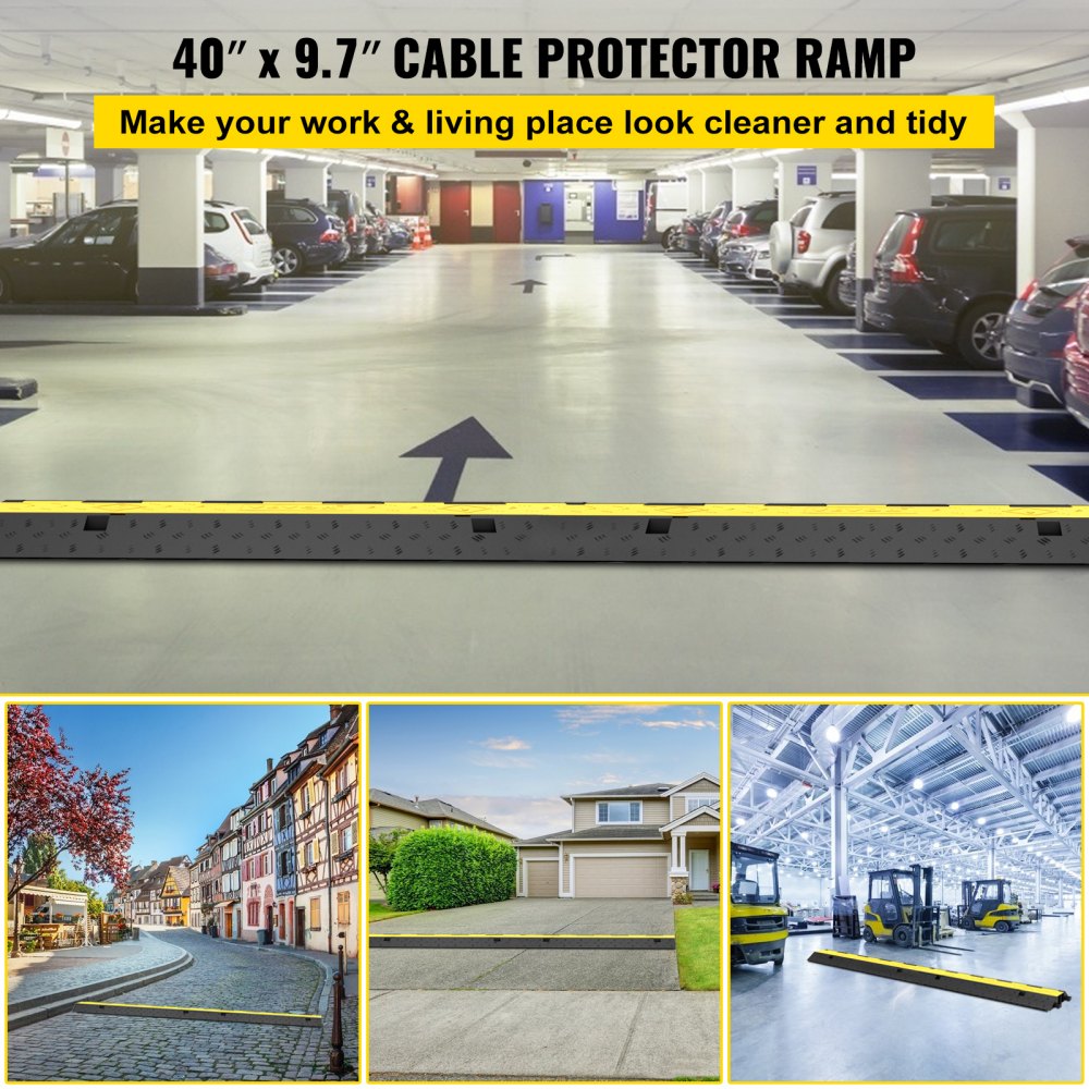 VEVOR Cable Protector Ramp, 5 Packs 2 Channels Speed Bump Hump, Rubber Modular Speed Bump Rated 11000 LBS Load Capacity, Protective Wire Cord Ramp Driveway Rubber Traffic Speed Bumps Cable Protector 