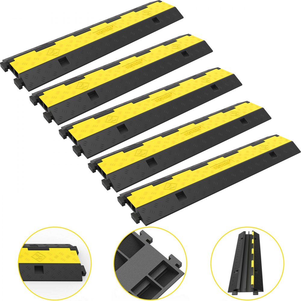 VEVOR Cable Protector Ramp, 5 Packs 2 Channels Speed Bump Hump, Rubber Modular Speed Bump Rated 11000 LBS Load Capacity, Protective Wire Cord Ramp Driveway Rubber Traffic Speed Bumps Cable Protector 