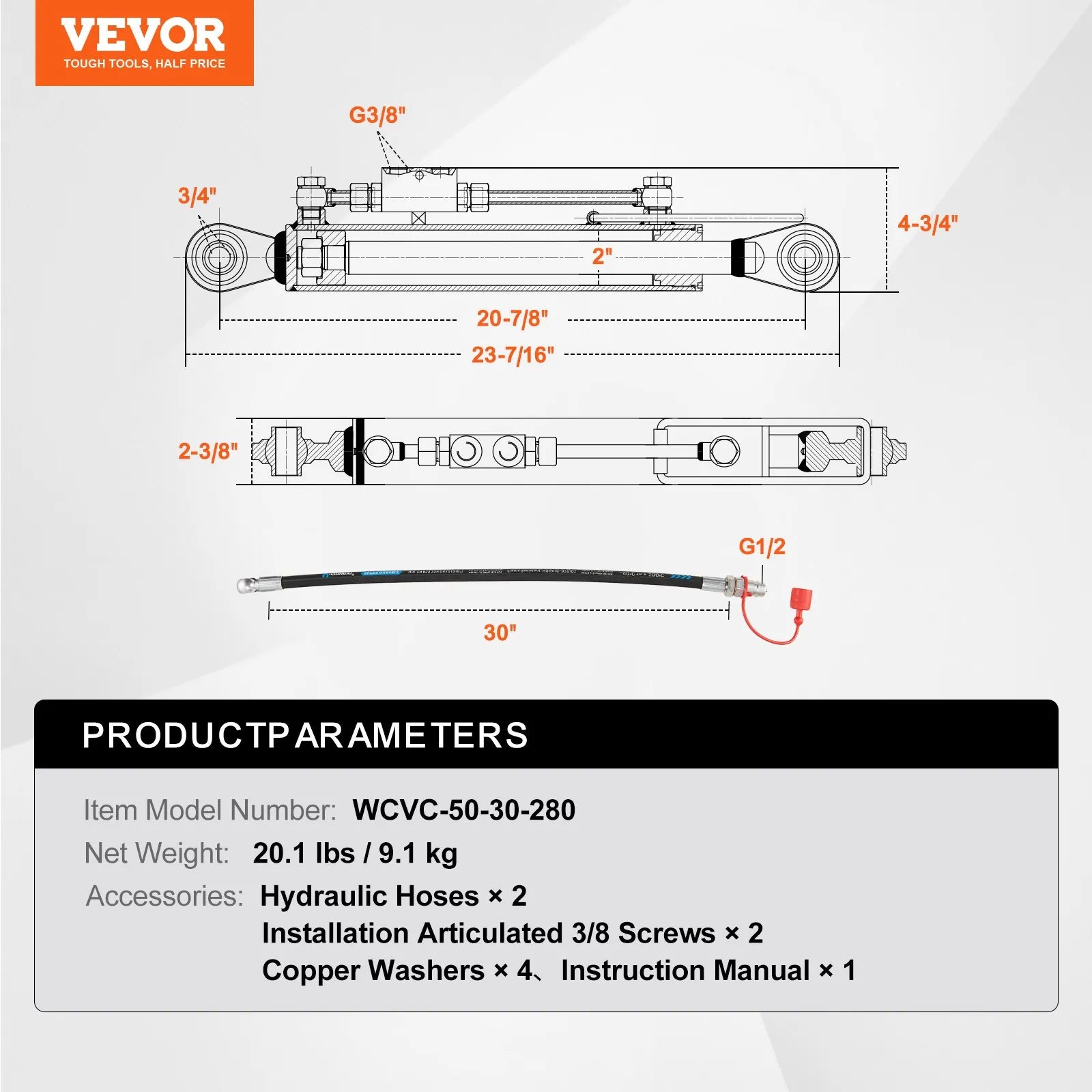 VEVOR Hydraulic Top Link Cat.1-1 (11 in, 20-7/8~31-7/8 in ), Hydraulic Cylinder with 2 Hoses & G3/8" Check Valve