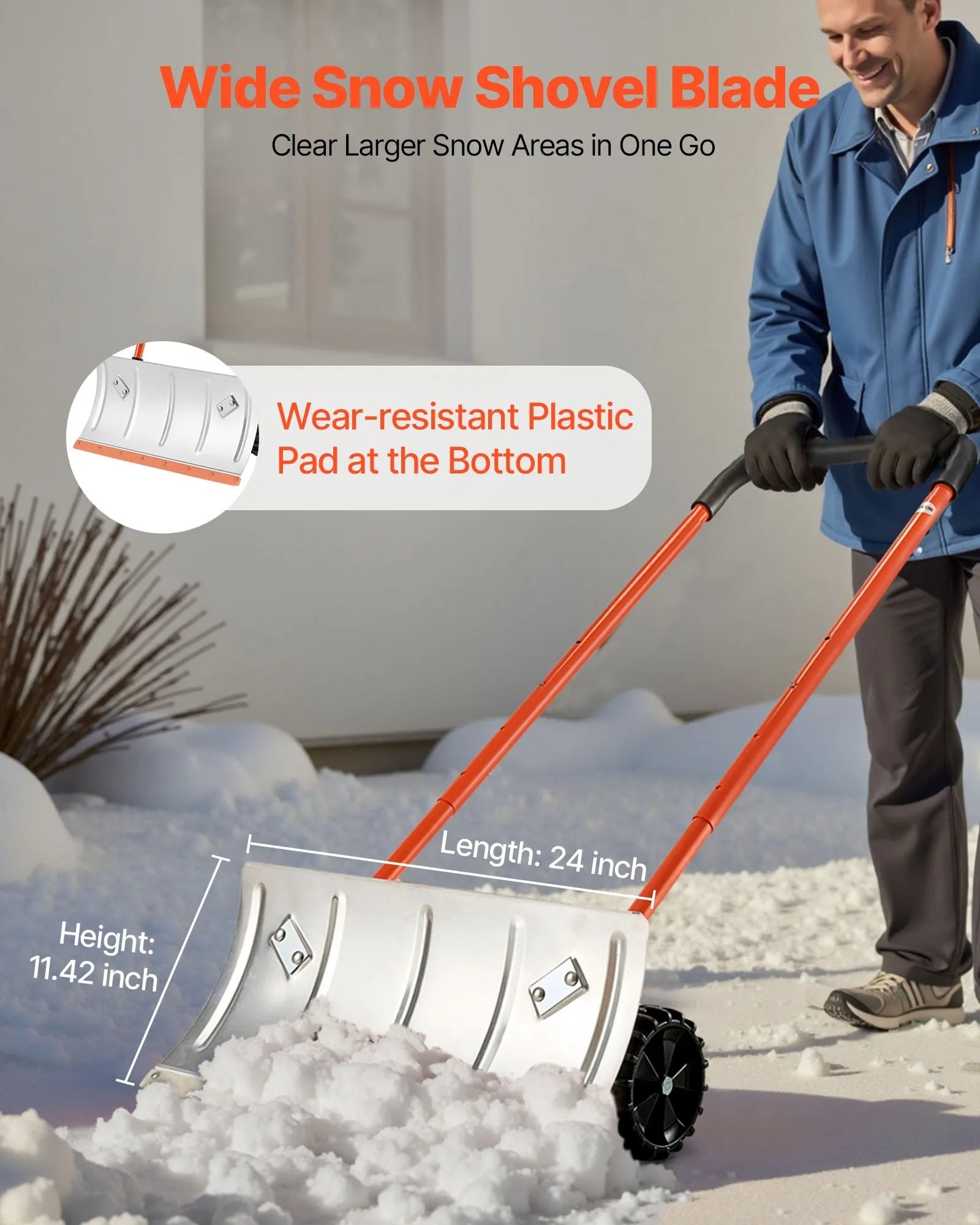 VEVOR Snow Pusher Shovel with Wheels, 24 in Wheeled Snowplow Shovel with Bi-Directional Angled Blade & 90 Degree Adjustable Handle, Metal Winter Shovels, Portable Snow Removal Tool for Driveway Garden 