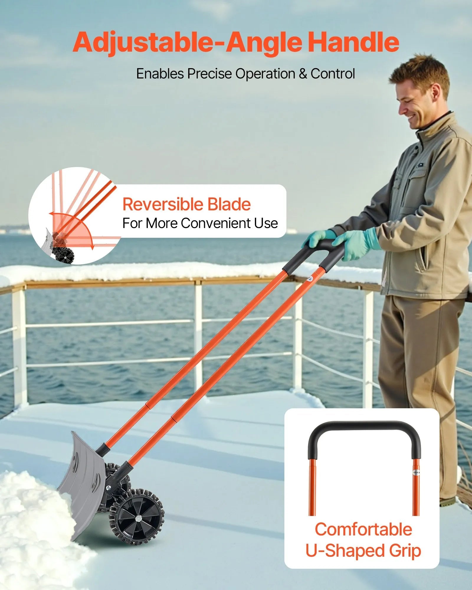 VEVOR Snow Pusher Shovel with Wheels, 24 in Wheeled Snowplow Shovel with Bi-Directional Angled Blade & 90 Degree Adjustable Handle, Metal Winter Shovels, Portable Snow Removal Tool for Driveway Garden 