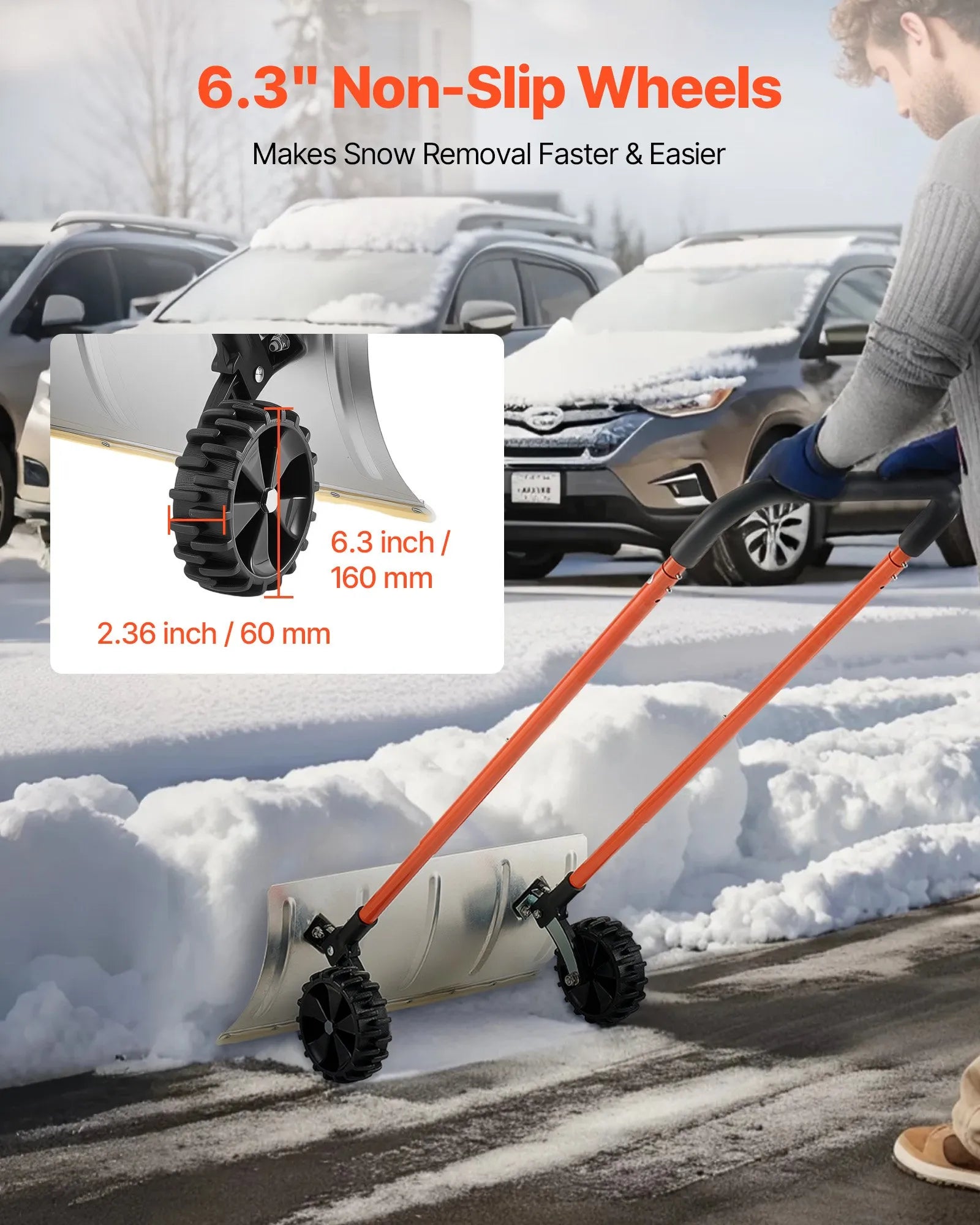 VEVOR Snow Pusher Shovel with Wheels, 24 in Wheeled Snowplow Shovel with Bi-Directional Angled Blade & 90 Degree Adjustable Handle, Metal Winter Shovels, Portable Snow Removal Tool for Driveway Garden 